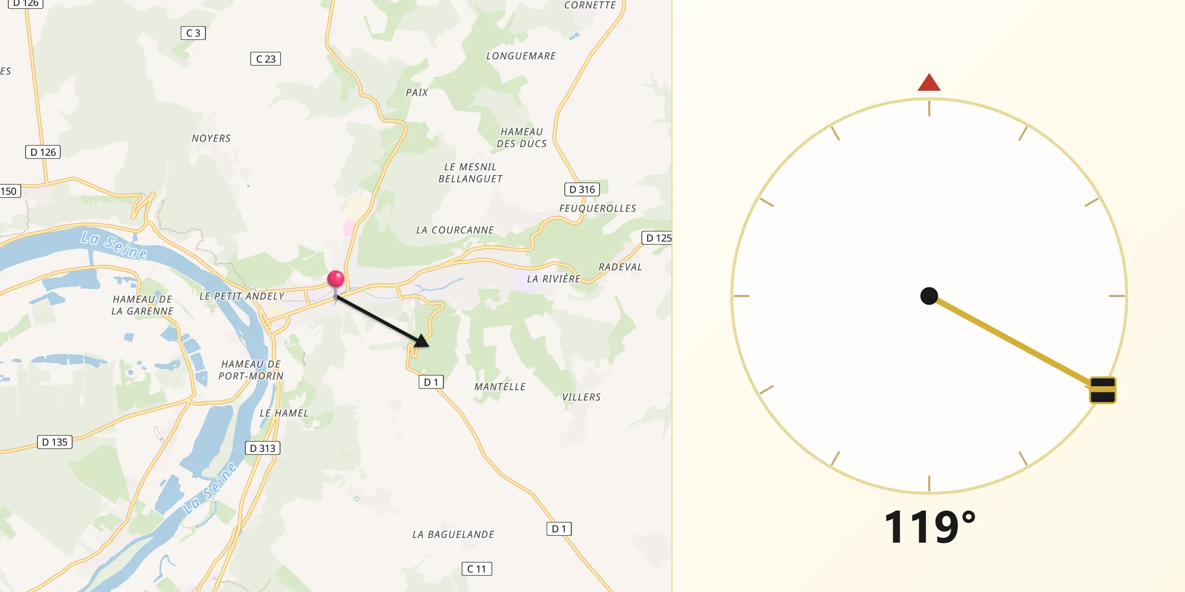 Direction vers la Qibla depuis Les Andelys