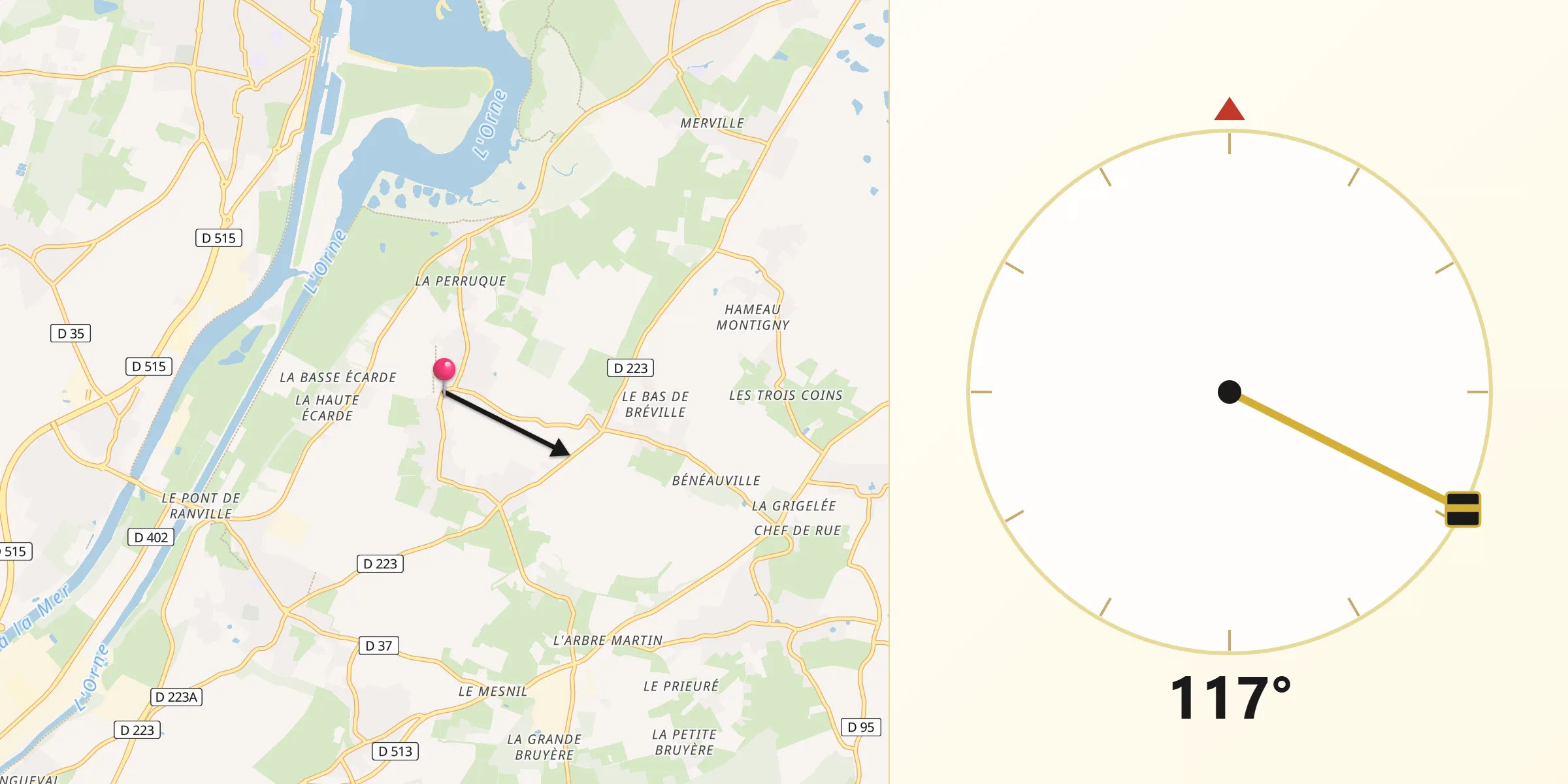 Direction vers la Qibla depuis Amfreville
