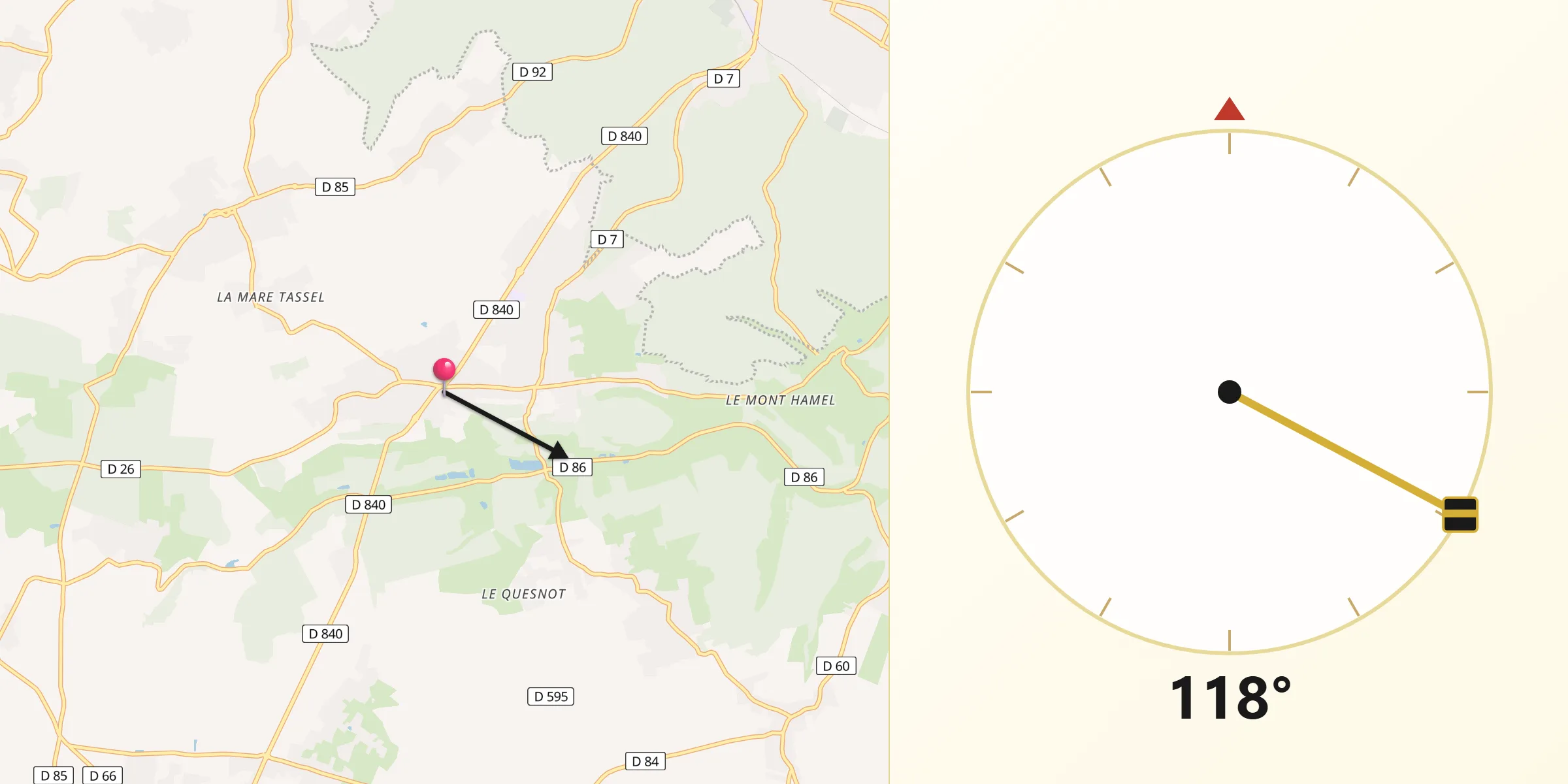 Direction vers la Qibla depuis Saint-Pierre-des-Fleurs