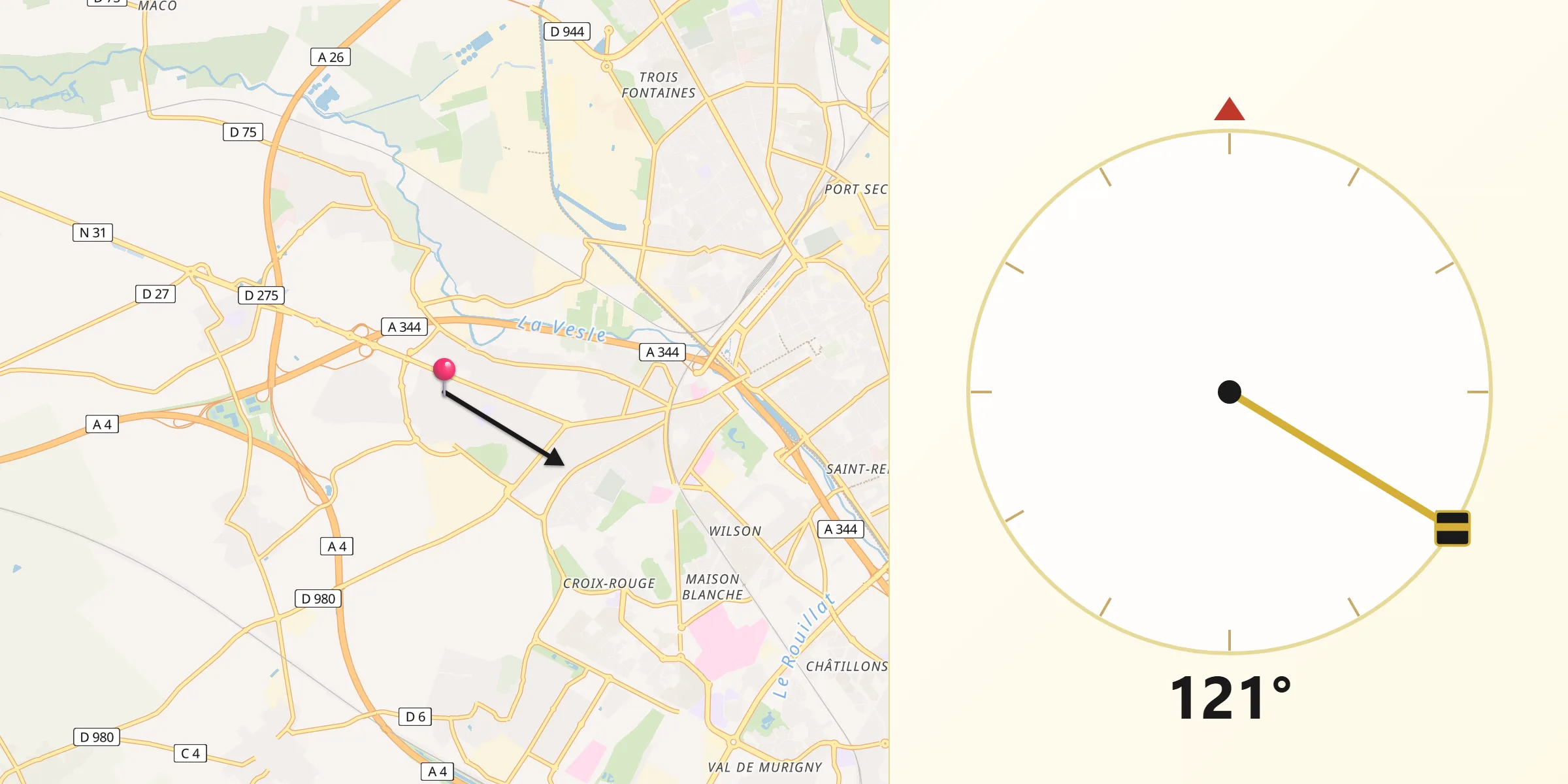 Direction vers la Qibla depuis Tinqueux