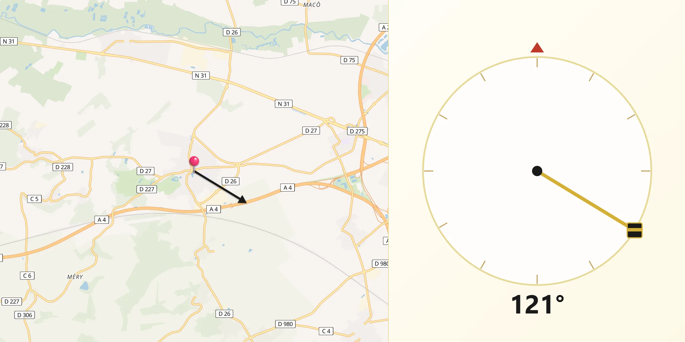 Direction vers la Qibla depuis Gueux