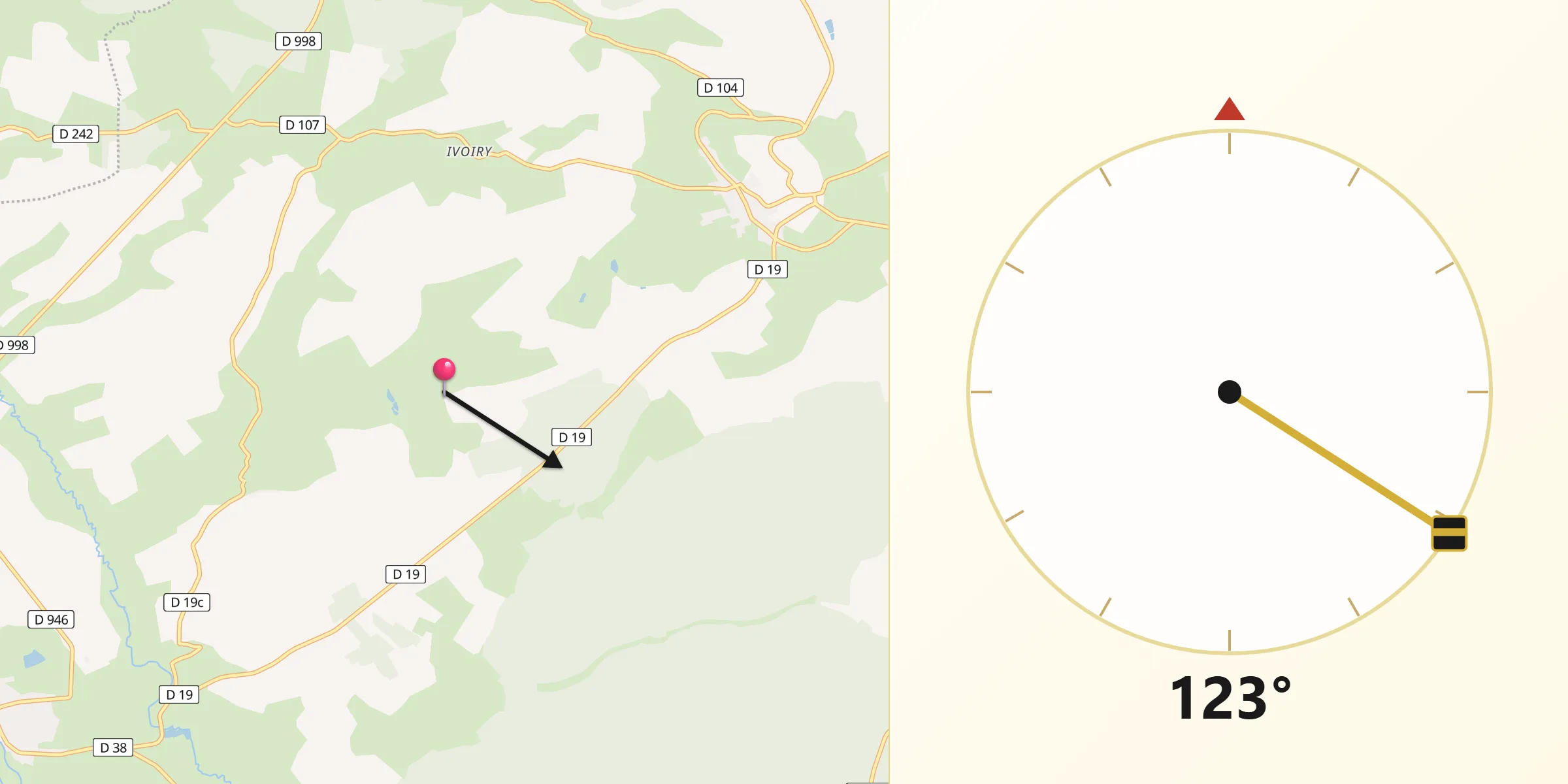Direction vers la Qibla depuis Montfaucon-d'Argonne