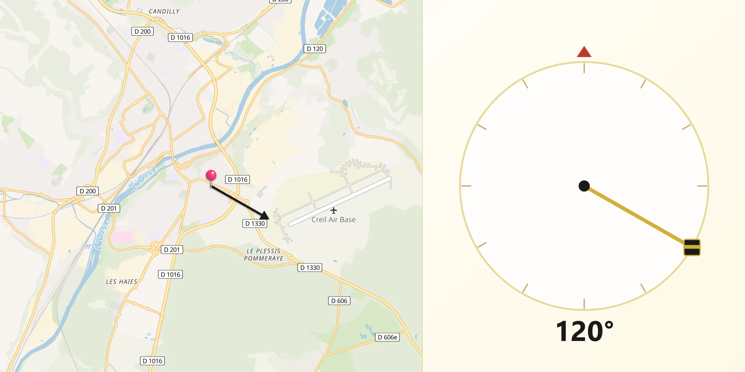 Direction vers la Qibla depuis Creil