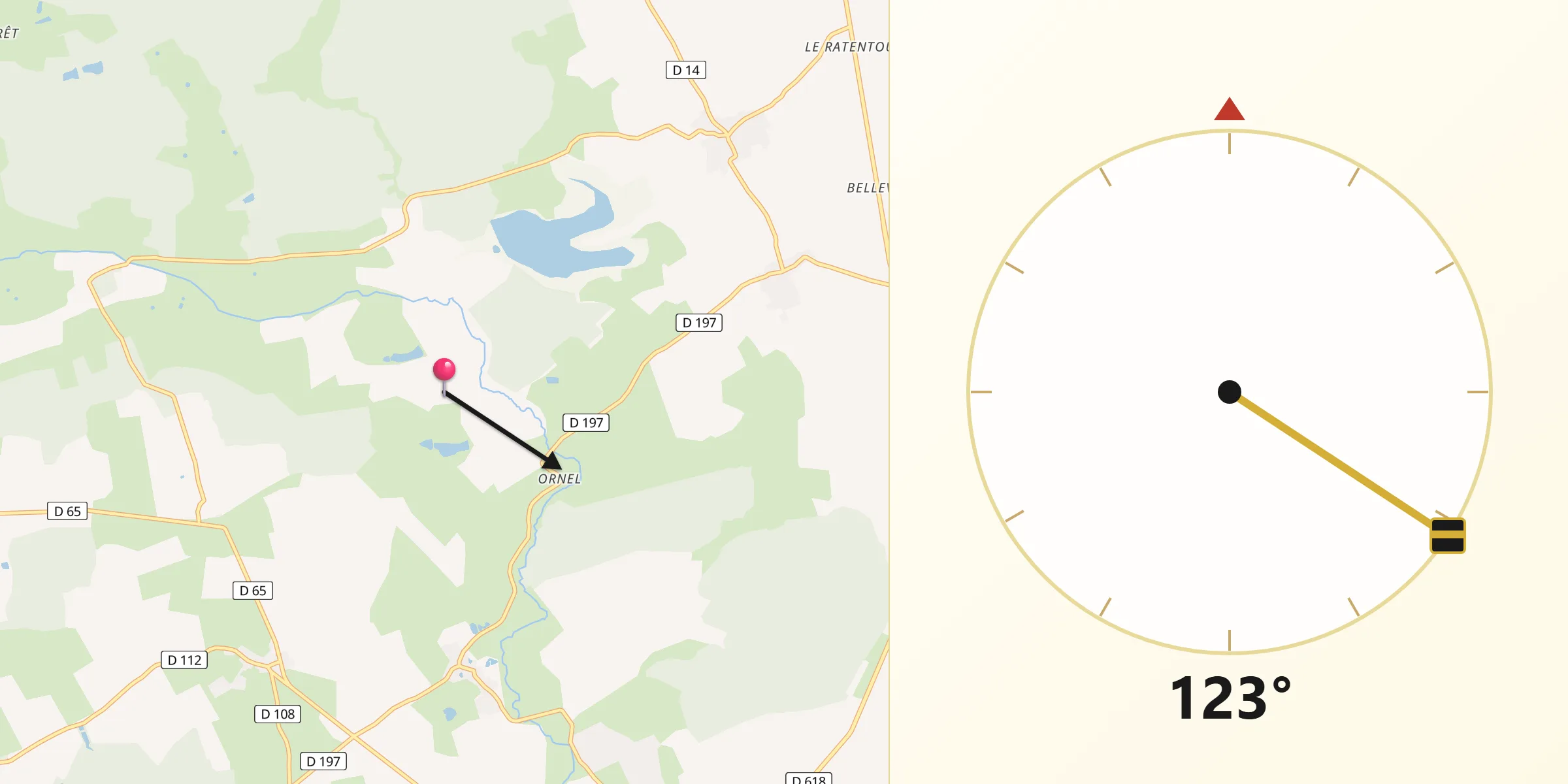 Direction vers la Qibla depuis Amel-sur-l'Étang