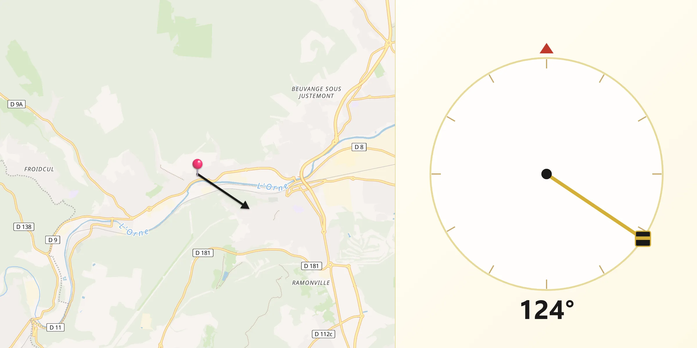 Direction vers la Qibla depuis Rosselange