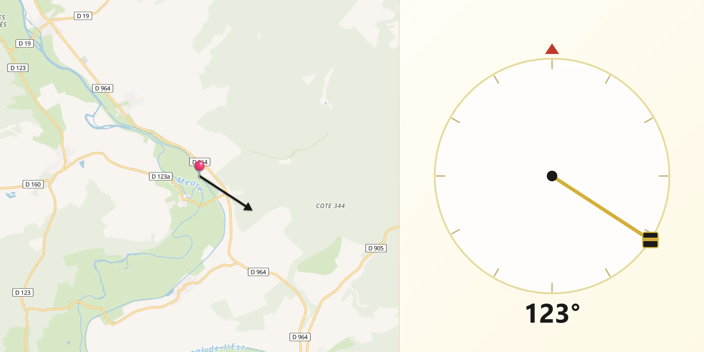 Direction vers la Qibla depuis Samogneux