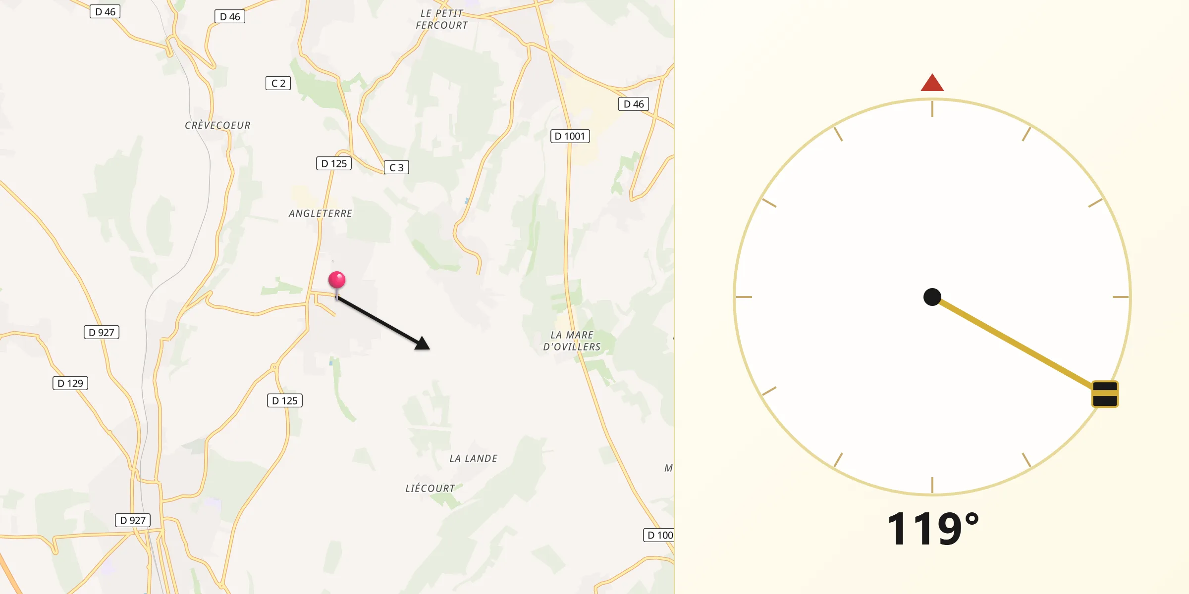 Direction vers la Qibla depuis Andeville