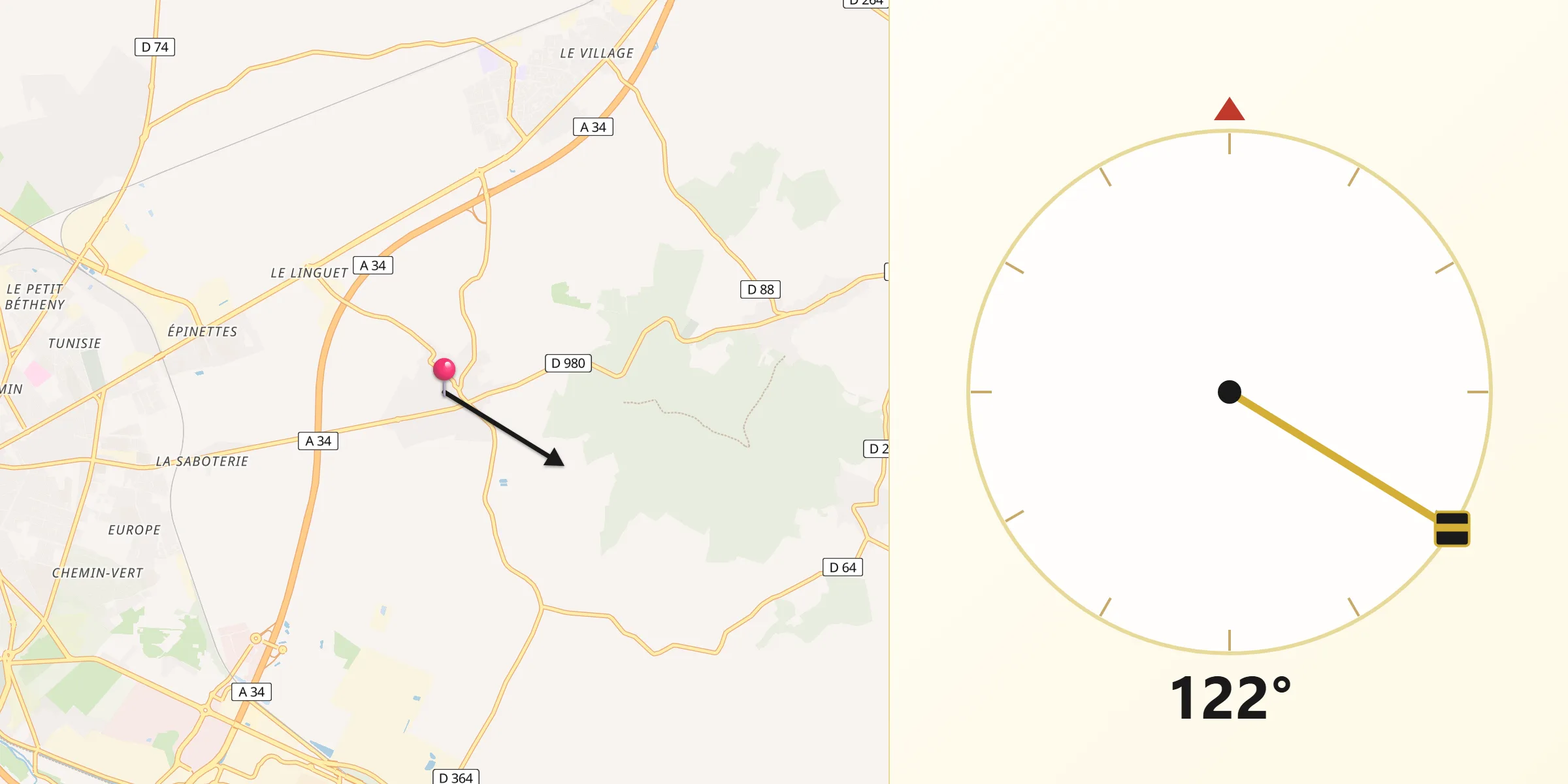 Direction vers la Qibla depuis Cernay-lès-Reims