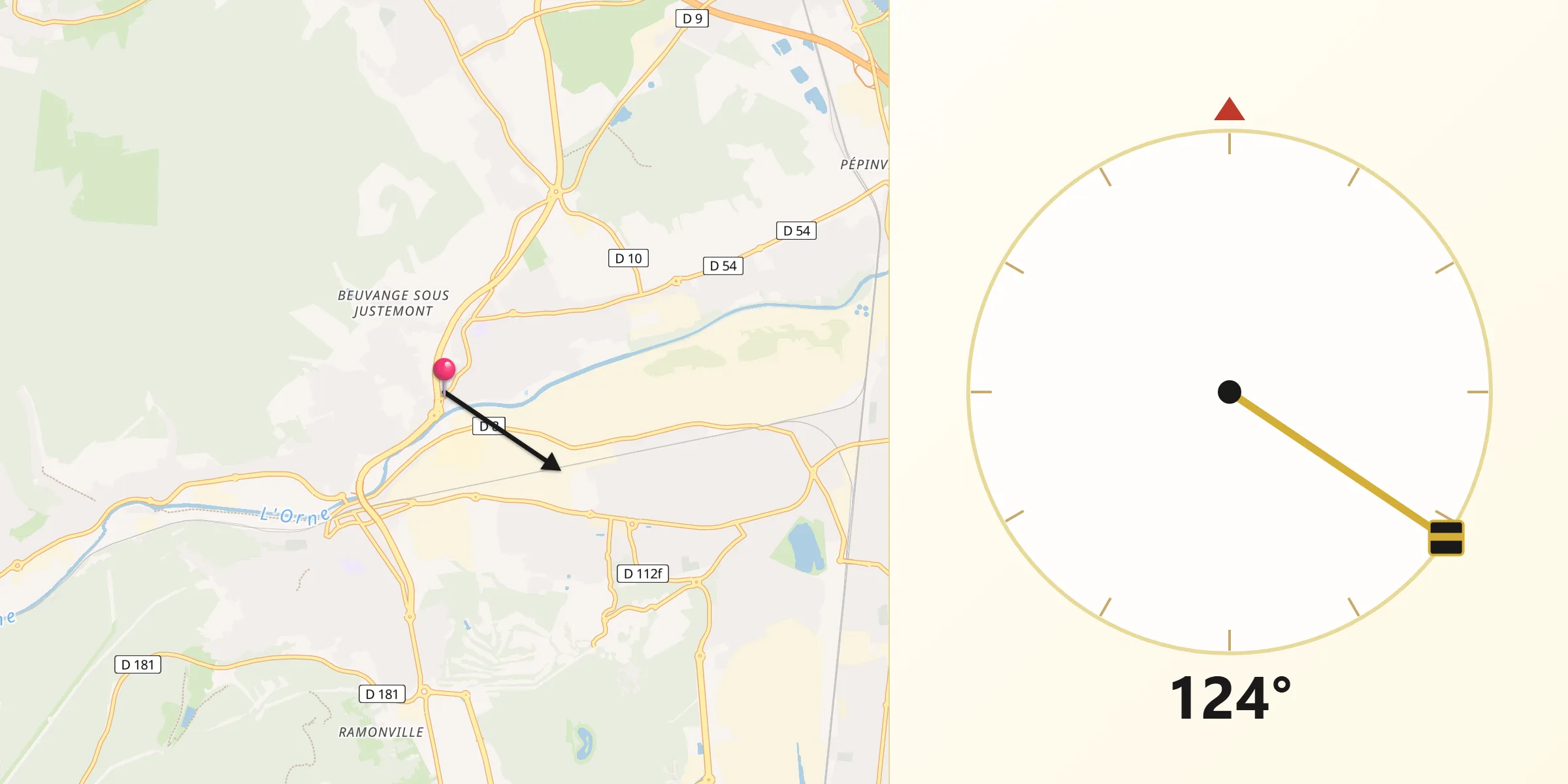Direction vers la Qibla depuis Vitry-sur-Orne