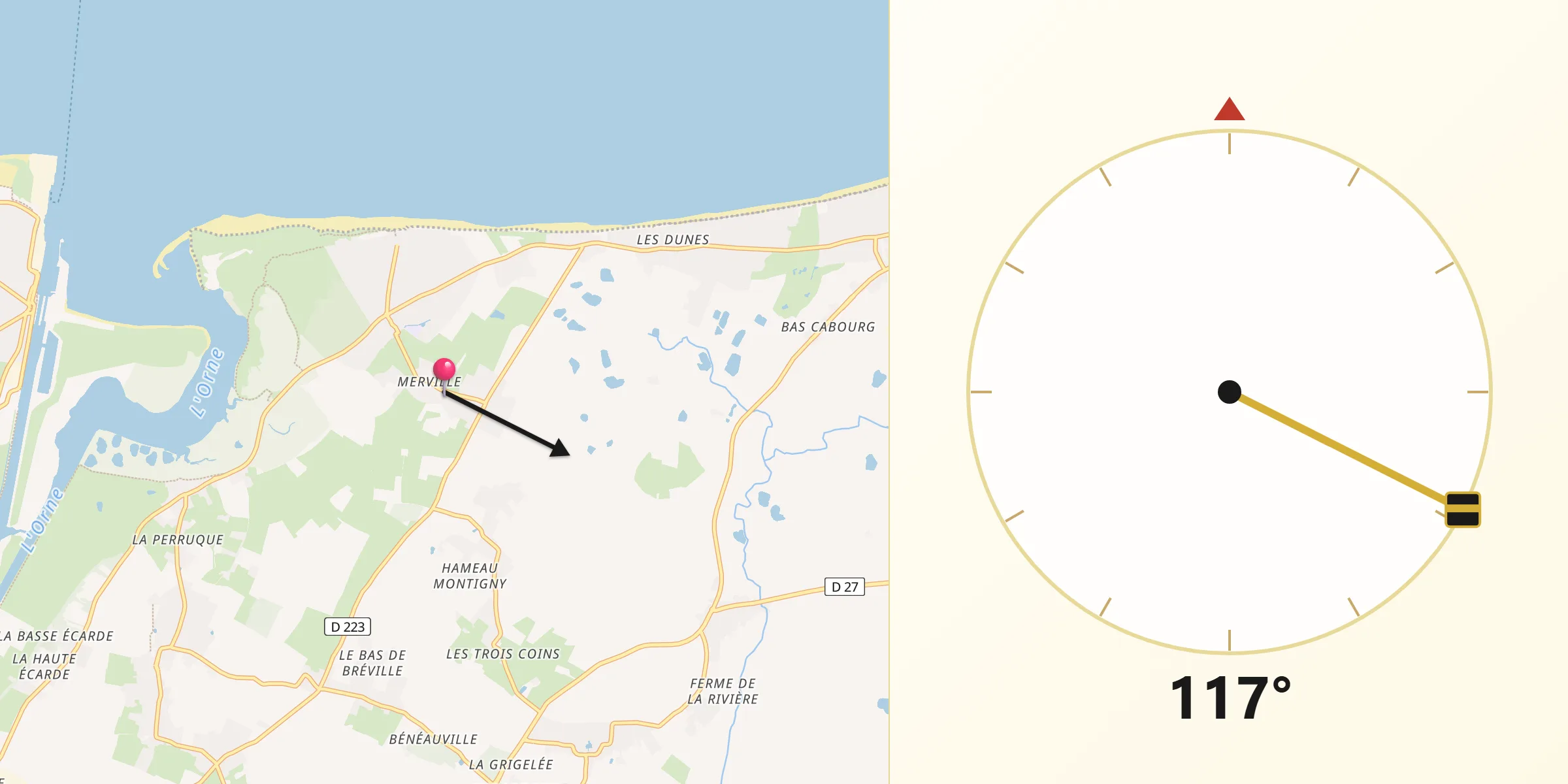 Direction vers la Qibla depuis Merville-Franceville-Plage