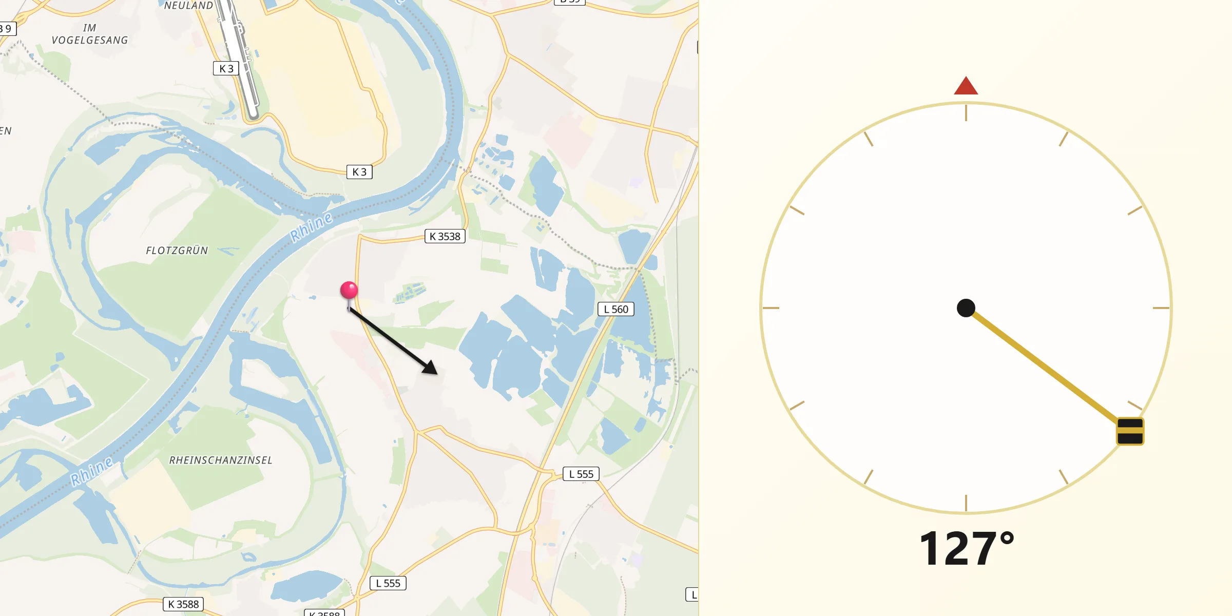 Qibla-Richtung von Oberhausen-Rheinhausen