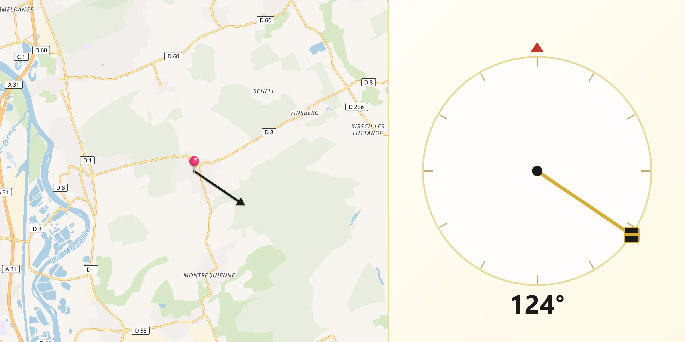 Direction vers la Qibla depuis Rurange-lès-Thionville