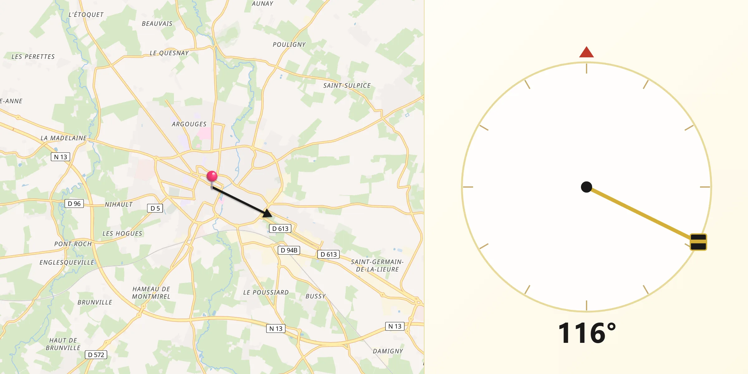 Direction vers la Qibla depuis Bayeux