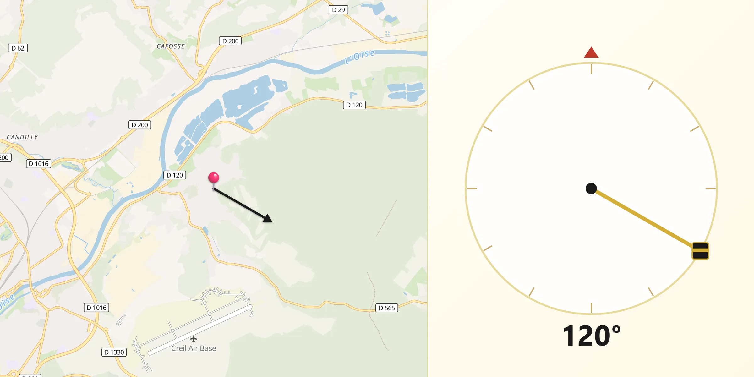 Direction vers la Qibla depuis Verneuil-en-Halatte