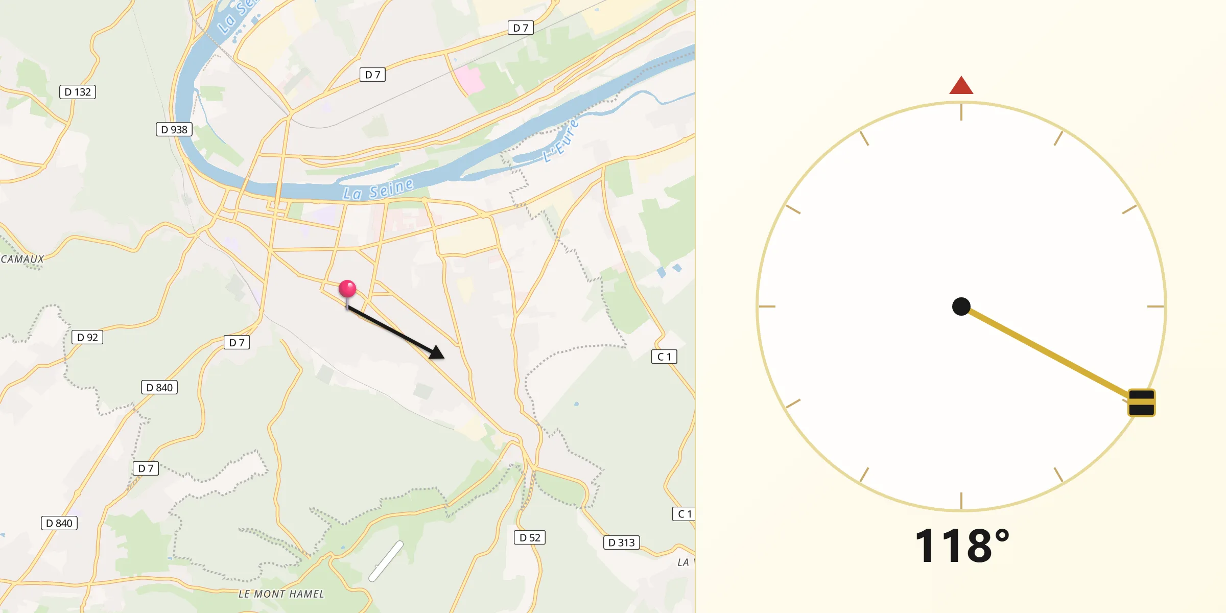 Direction vers la Qibla depuis Caudebec-lès-Elbeuf