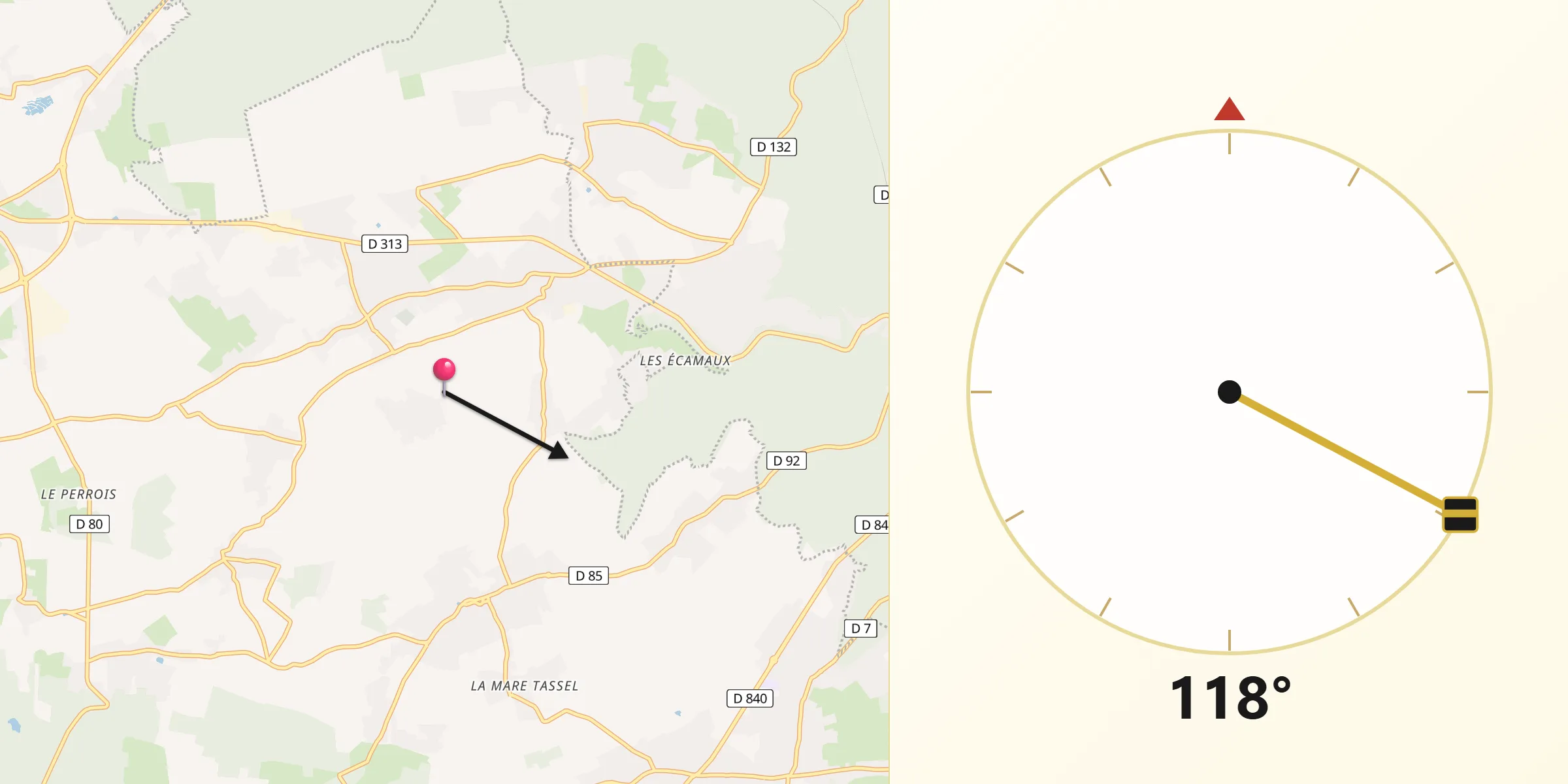 Direction vers la Qibla depuis Le Bosc-Roger-en-Roumois