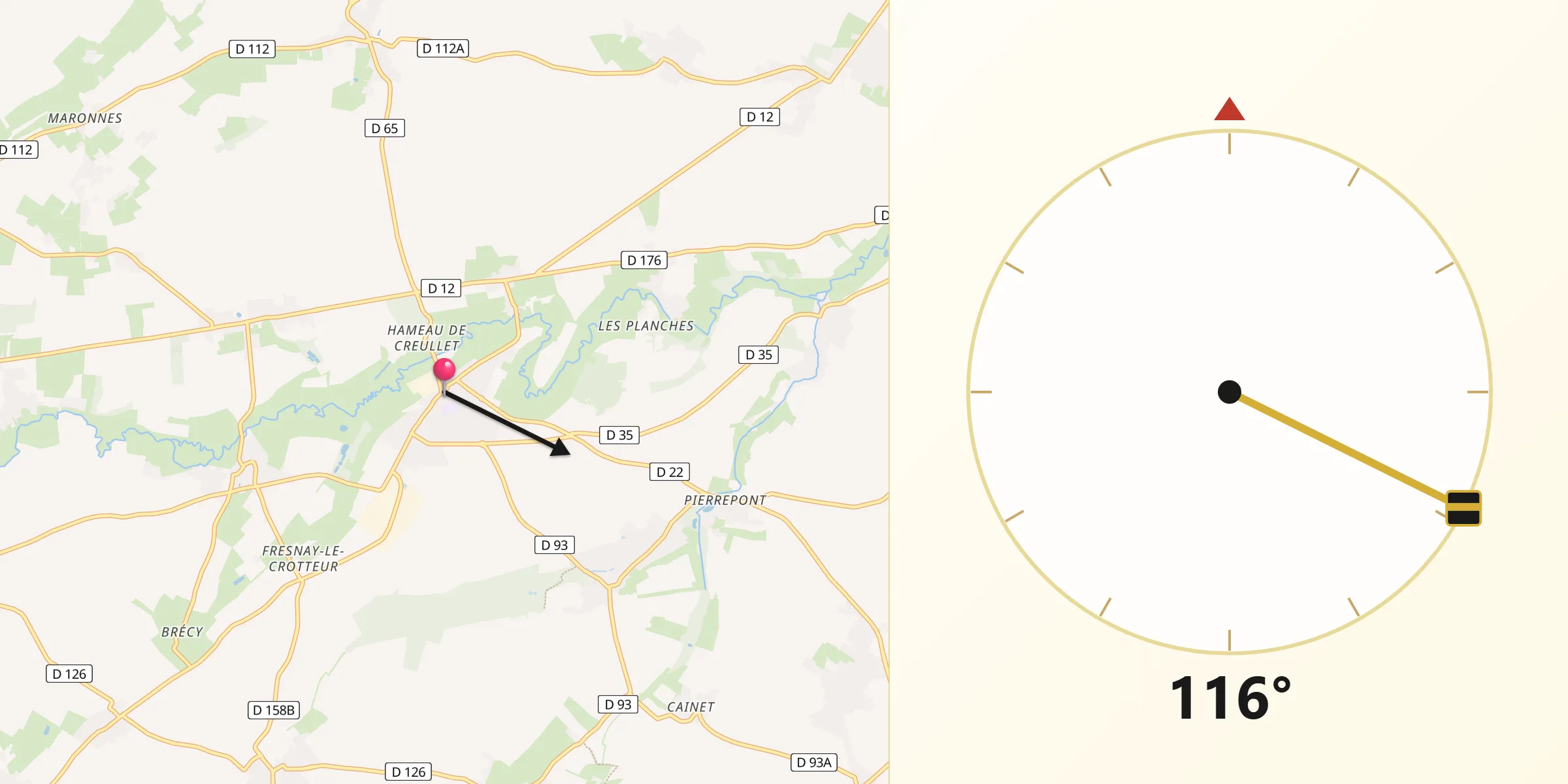Direction vers la Qibla depuis Creully