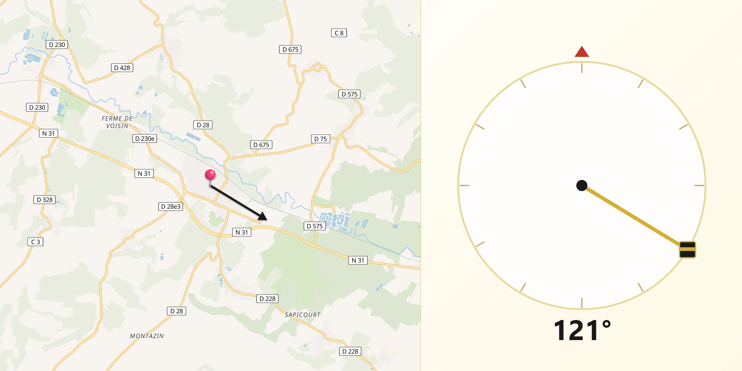 Direction vers la Qibla depuis Jonchery-sur-Vesle