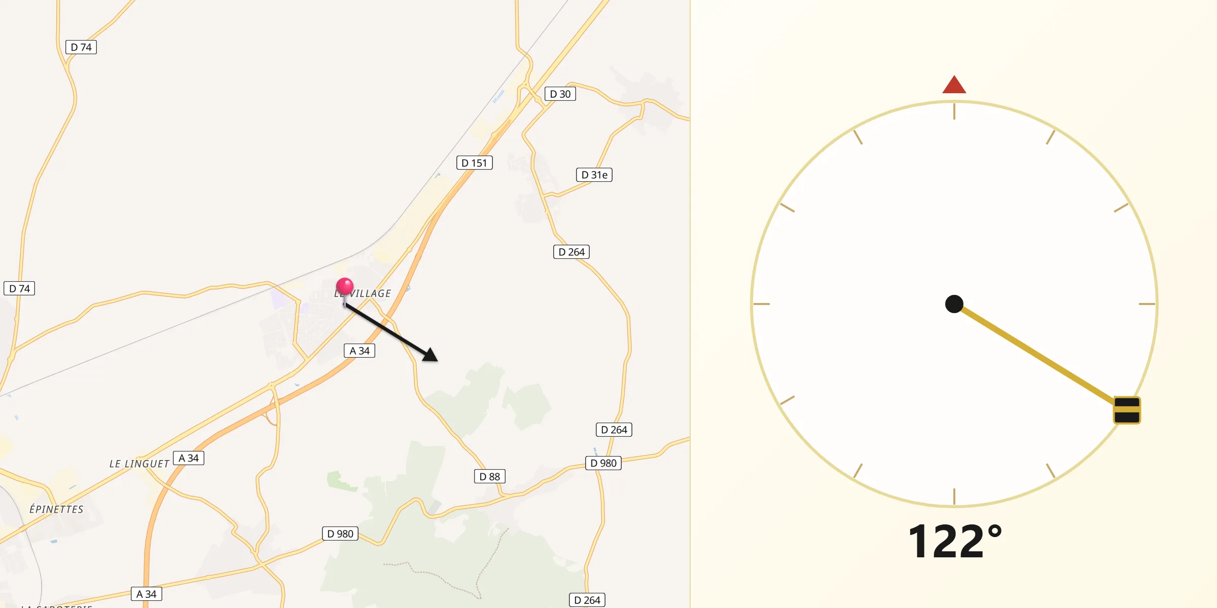 Direction vers la Qibla depuis Witry-lès-Reims