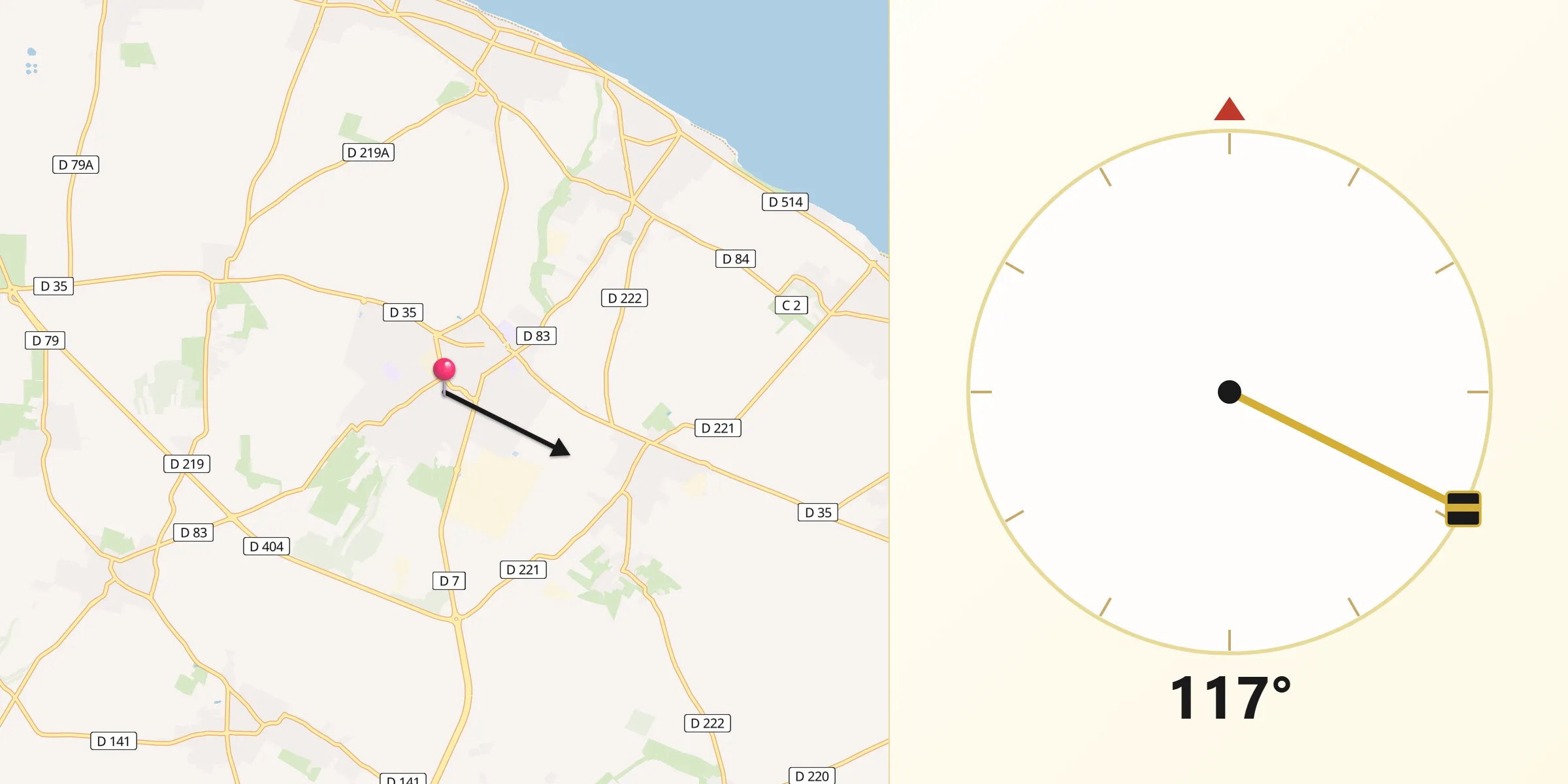Direction vers la Qibla depuis Douvres-la-Délivrande