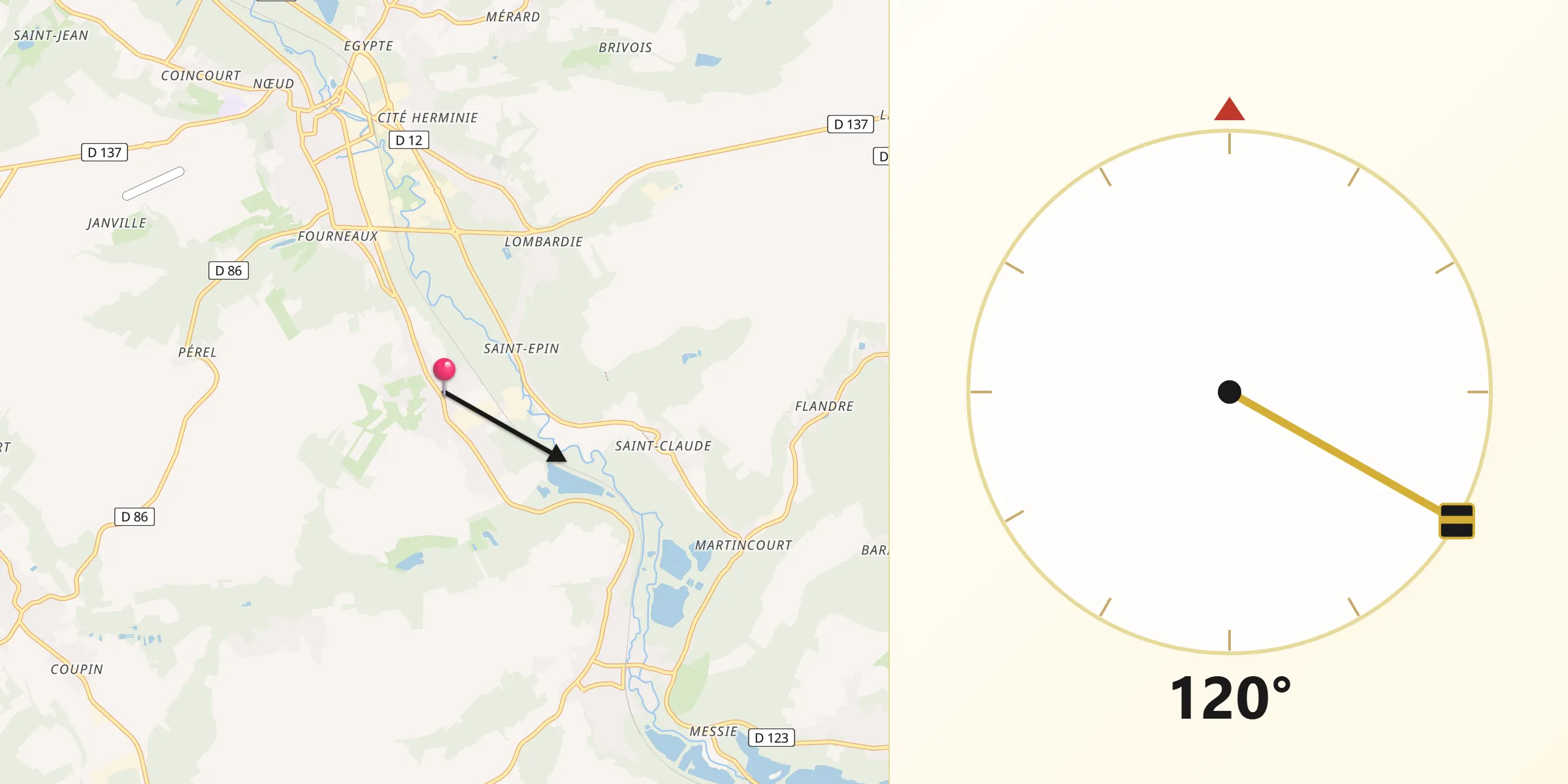 Direction vers la Qibla depuis Balagny-sur-Thérain