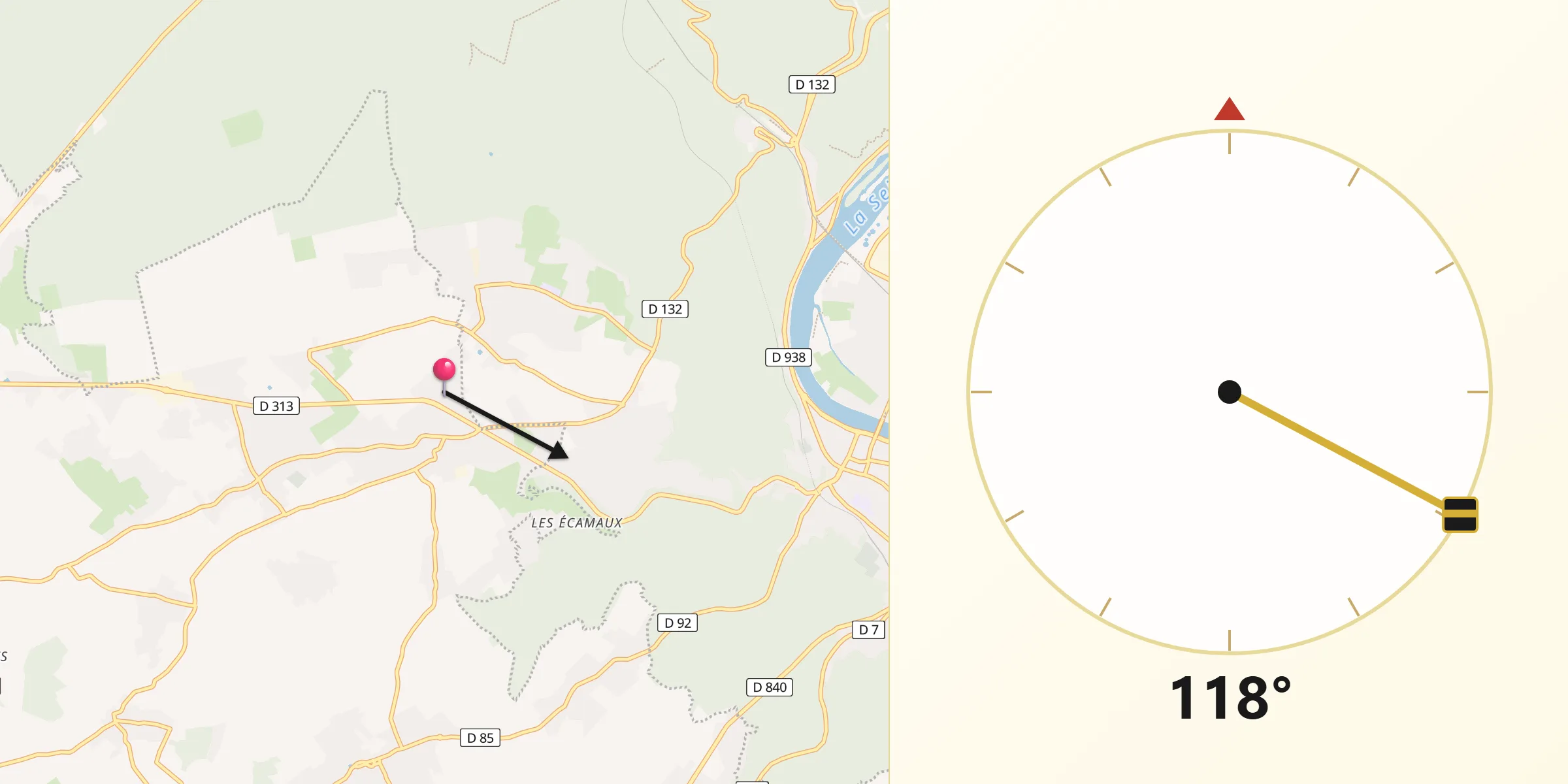 Direction vers la Qibla depuis Saint-Ouen-du-Tilleul