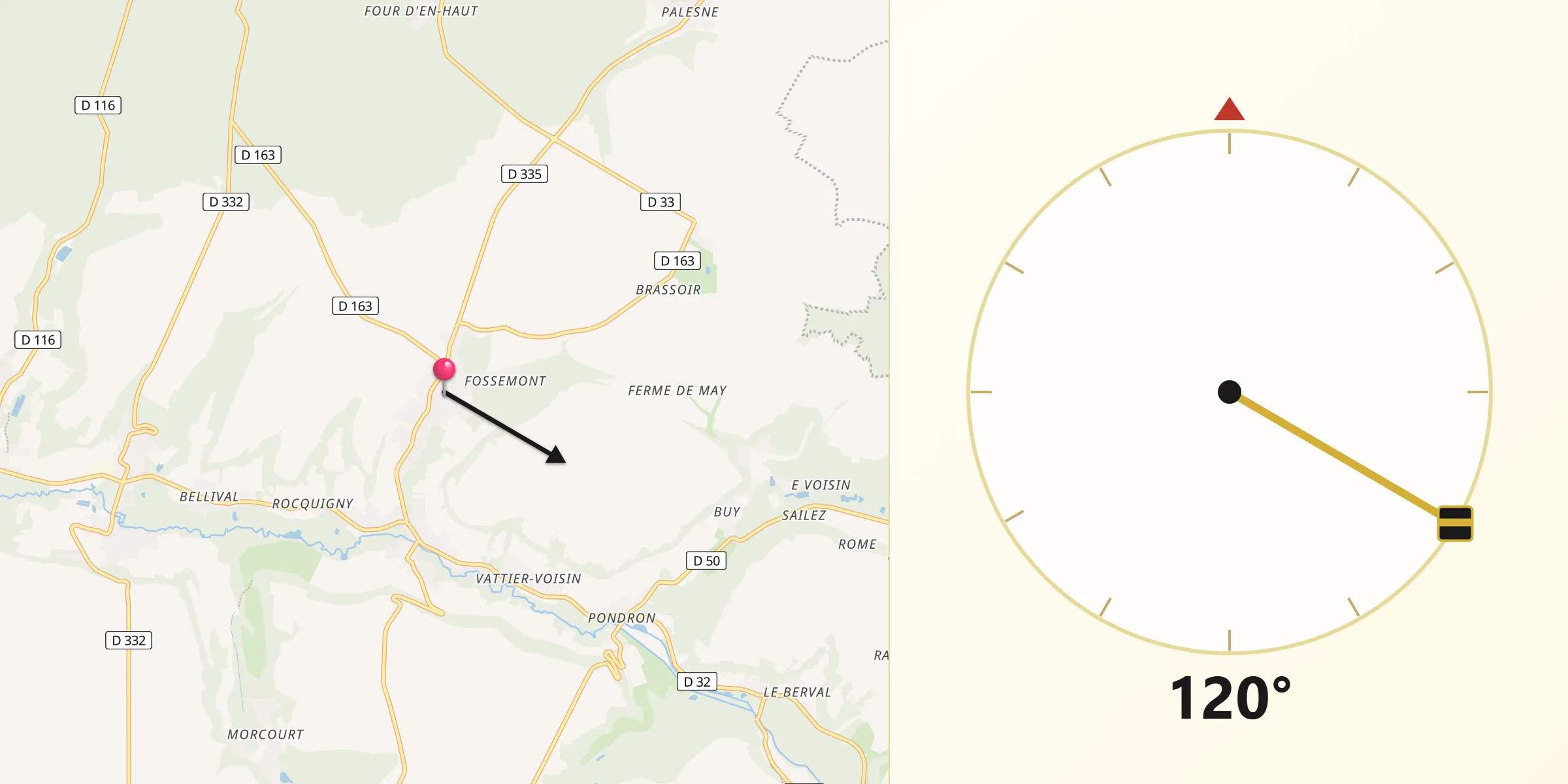 Direction vers la Qibla depuis Morienval