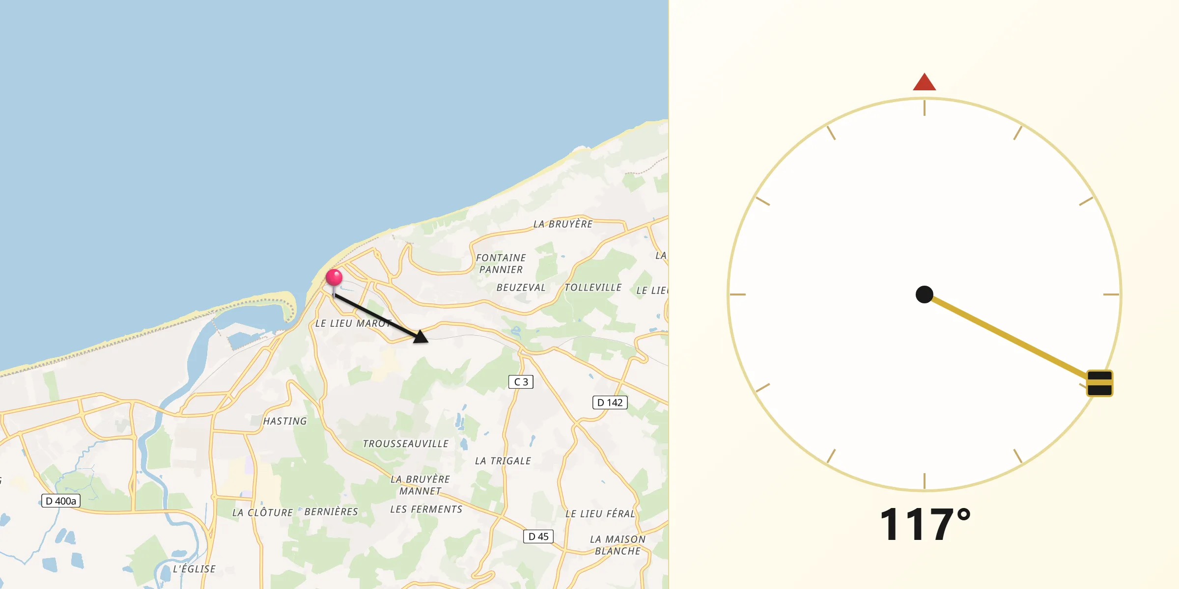 Direction vers la Qibla depuis Houlgate
