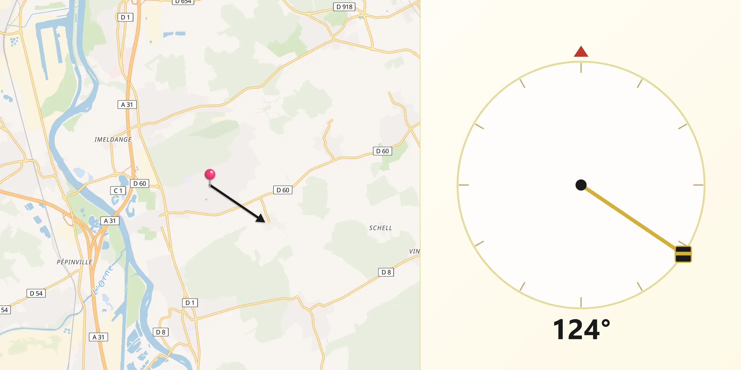 Direction vers la Qibla depuis Guénange