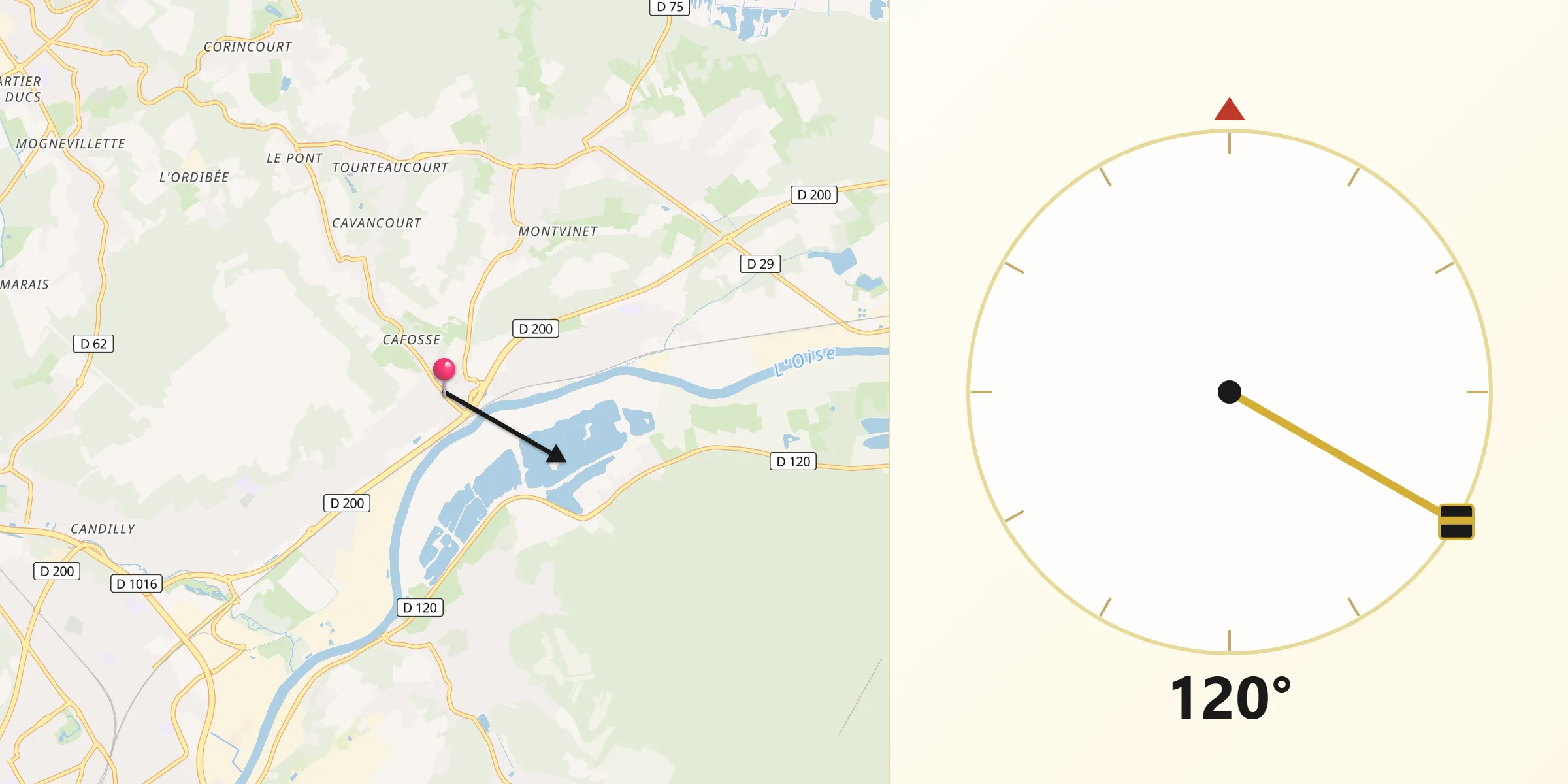 Direction vers la Qibla depuis Rieux