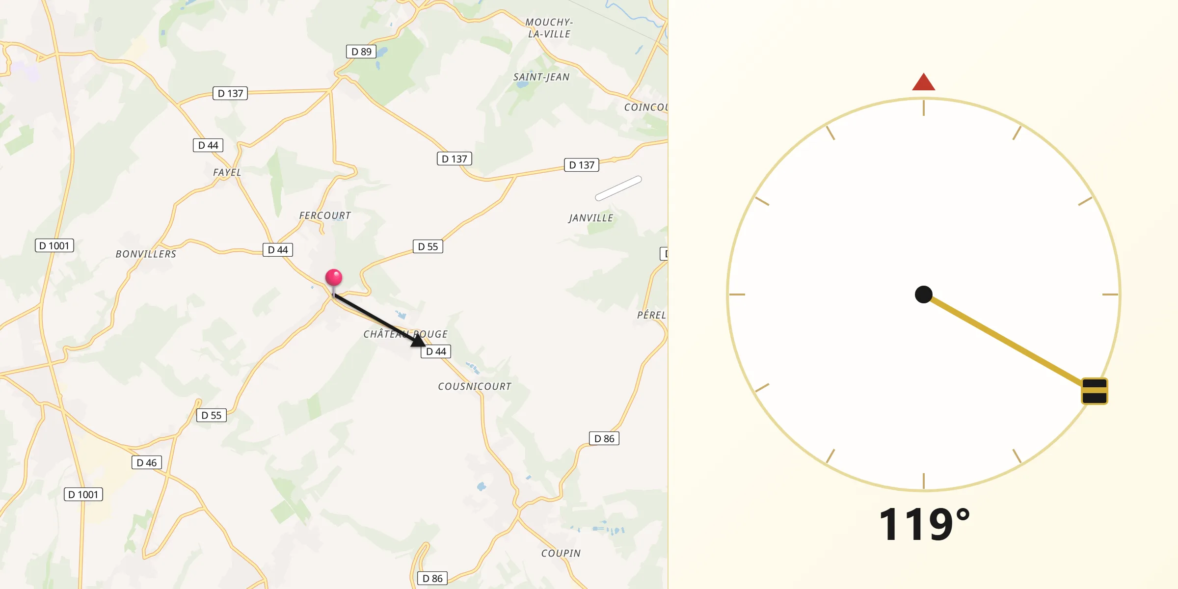 Direction vers la Qibla depuis Cauvigny