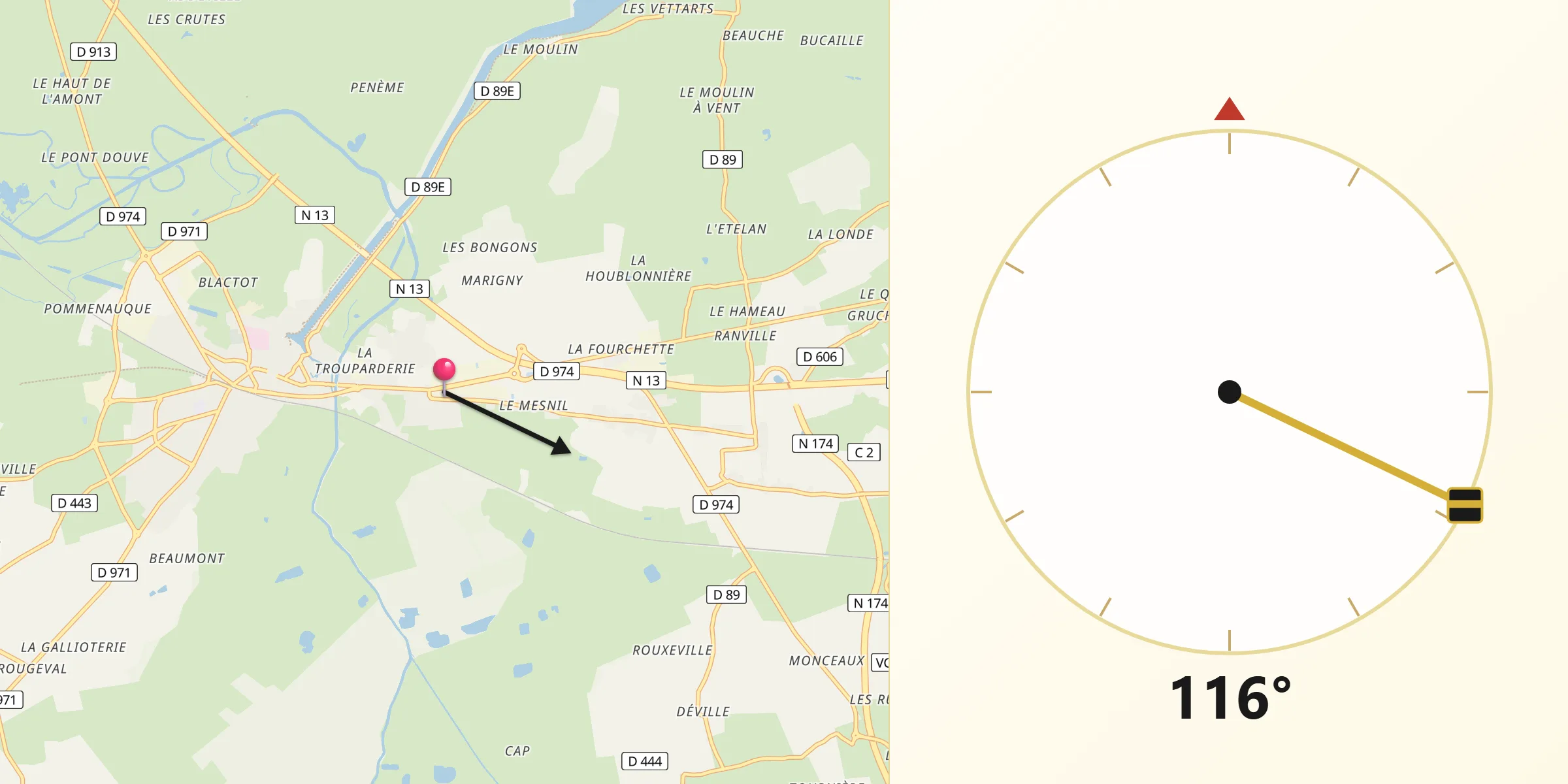 Direction vers la Qibla depuis Saint-Hilaire-Petitville