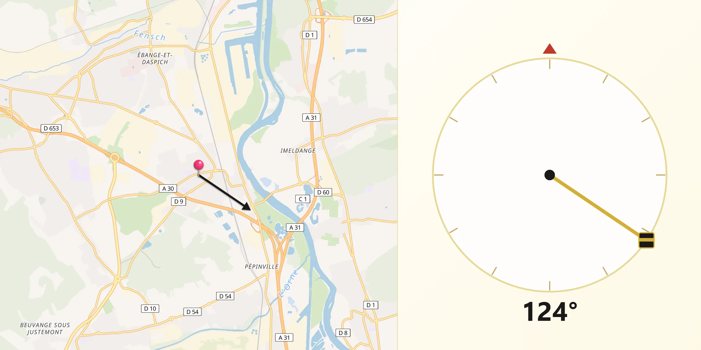 Direction vers la Qibla depuis Uckange