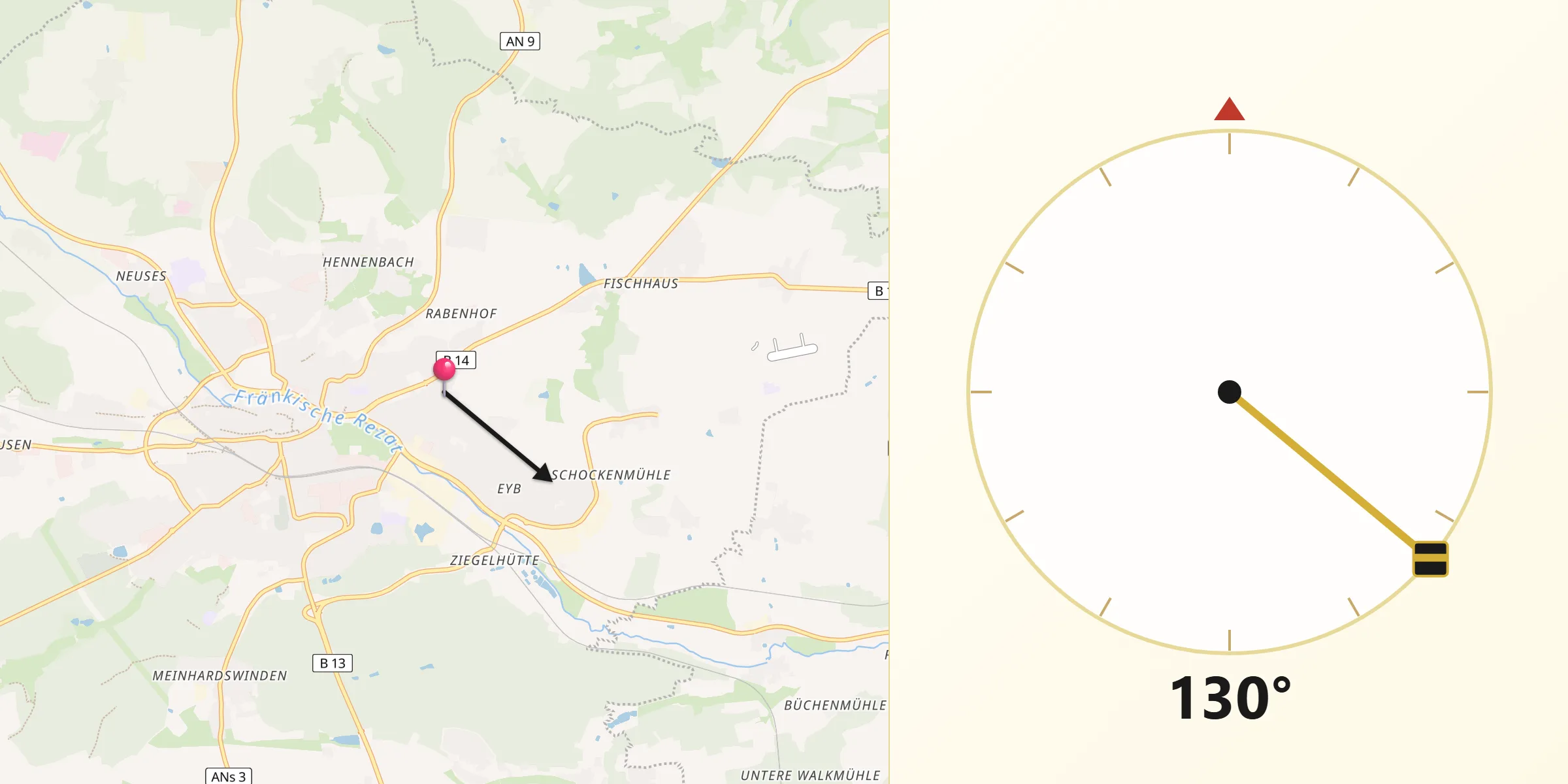 Qibla-Richtung von Ansbach