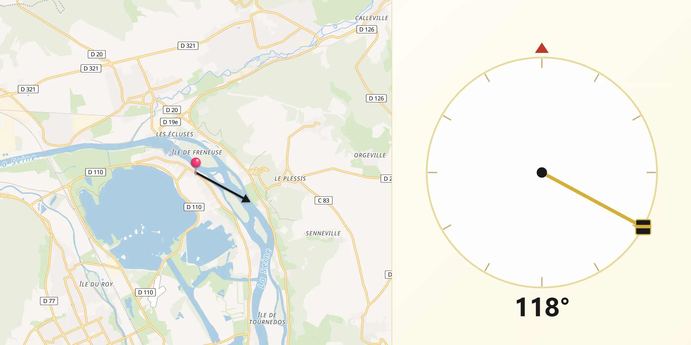Direction vers la Qibla depuis Poses