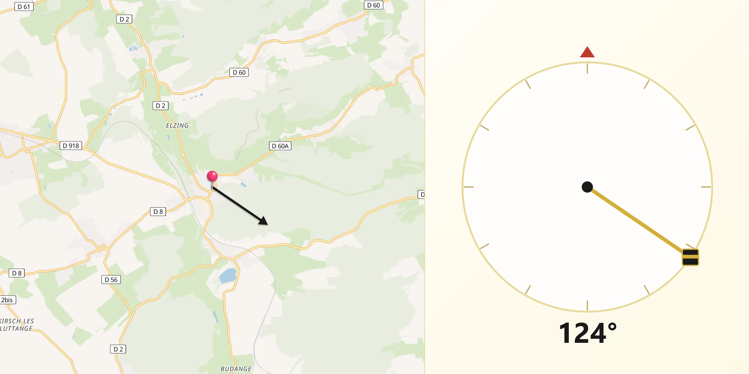 Direction vers la Qibla depuis Kédange-sur-Canner