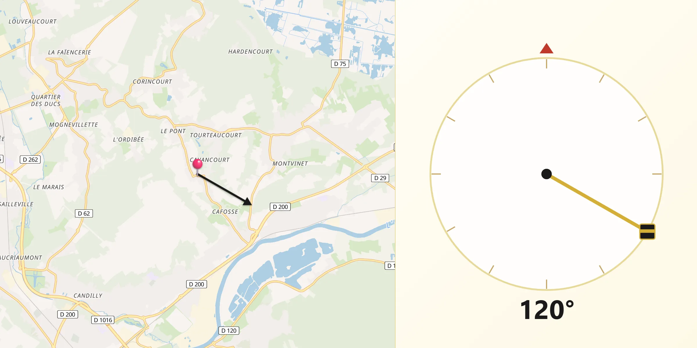 Direction vers la Qibla depuis Angicourt