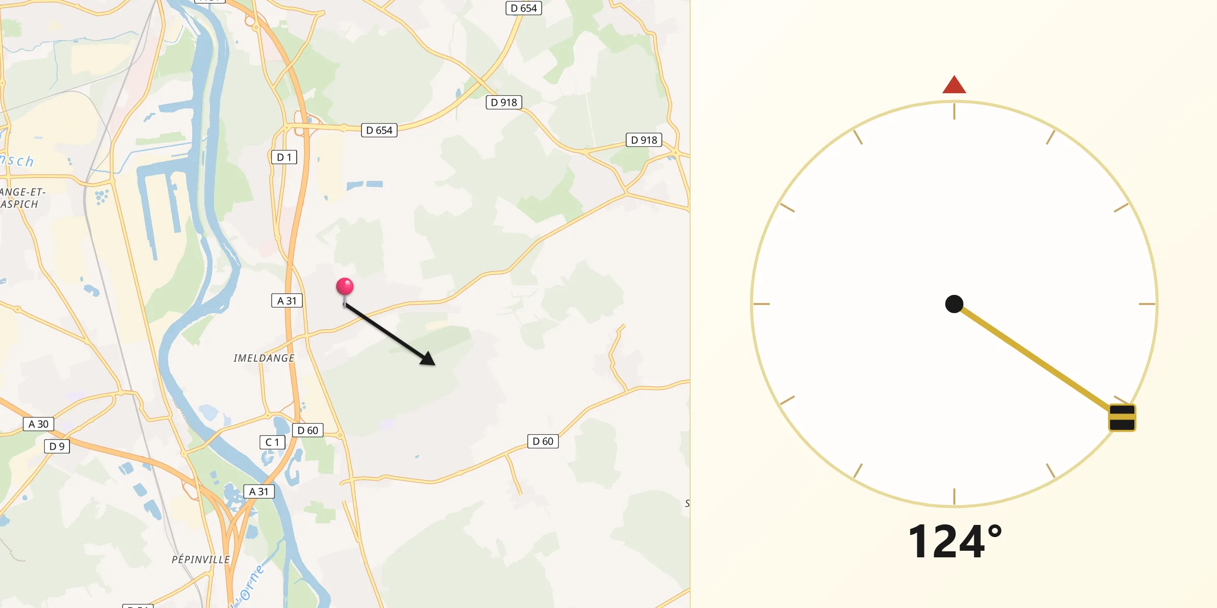 Direction vers la Qibla depuis Bertrange