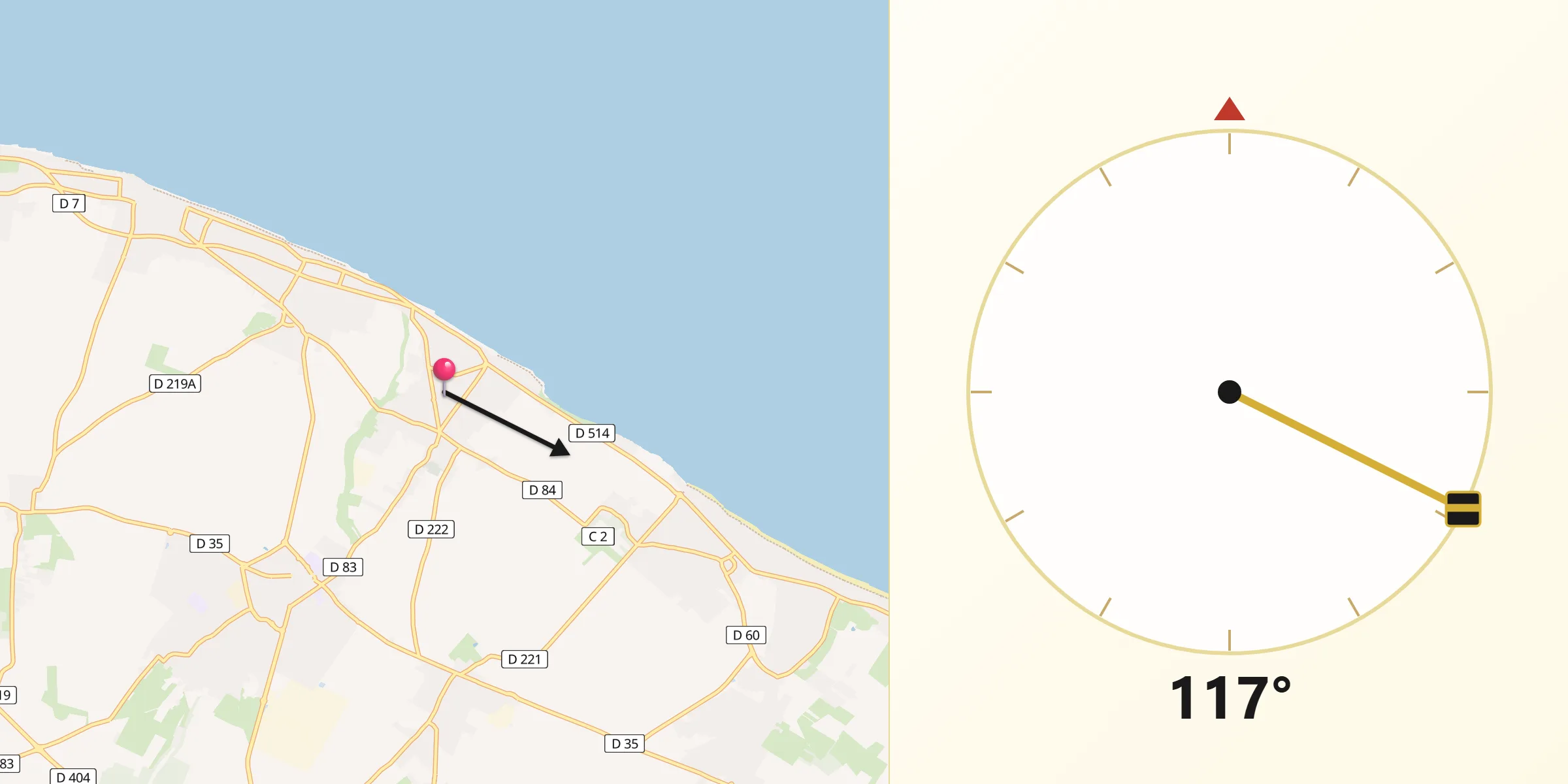 Direction vers la Qibla depuis Luc-sur-Mer