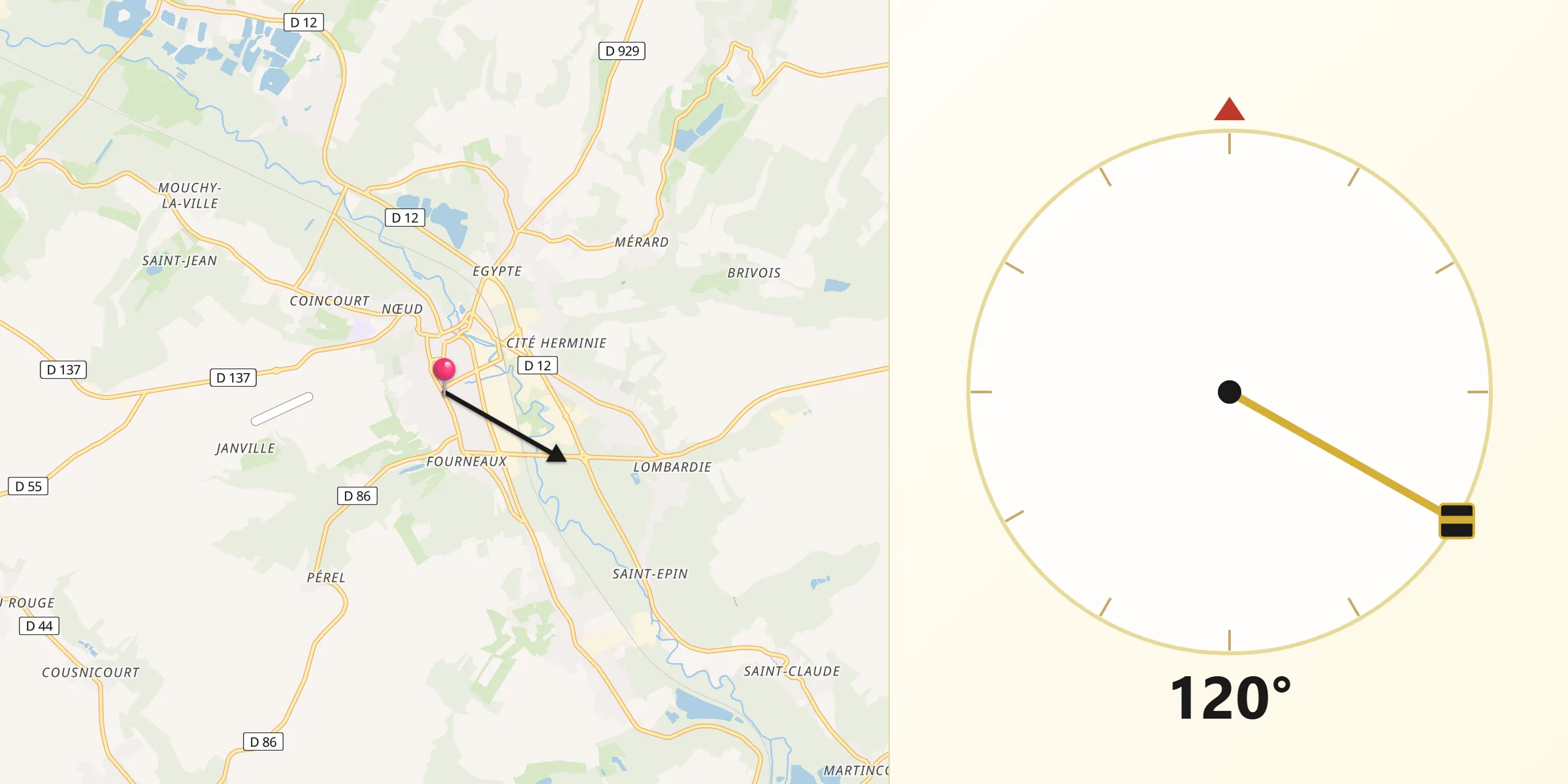 Direction vers la Qibla depuis Mouy