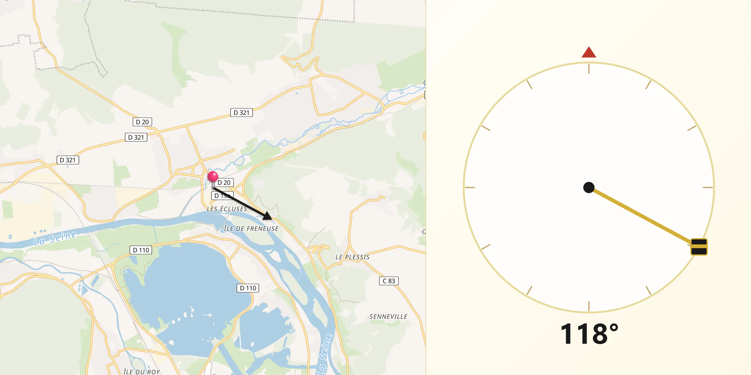 Direction vers la Qibla depuis Pîtres