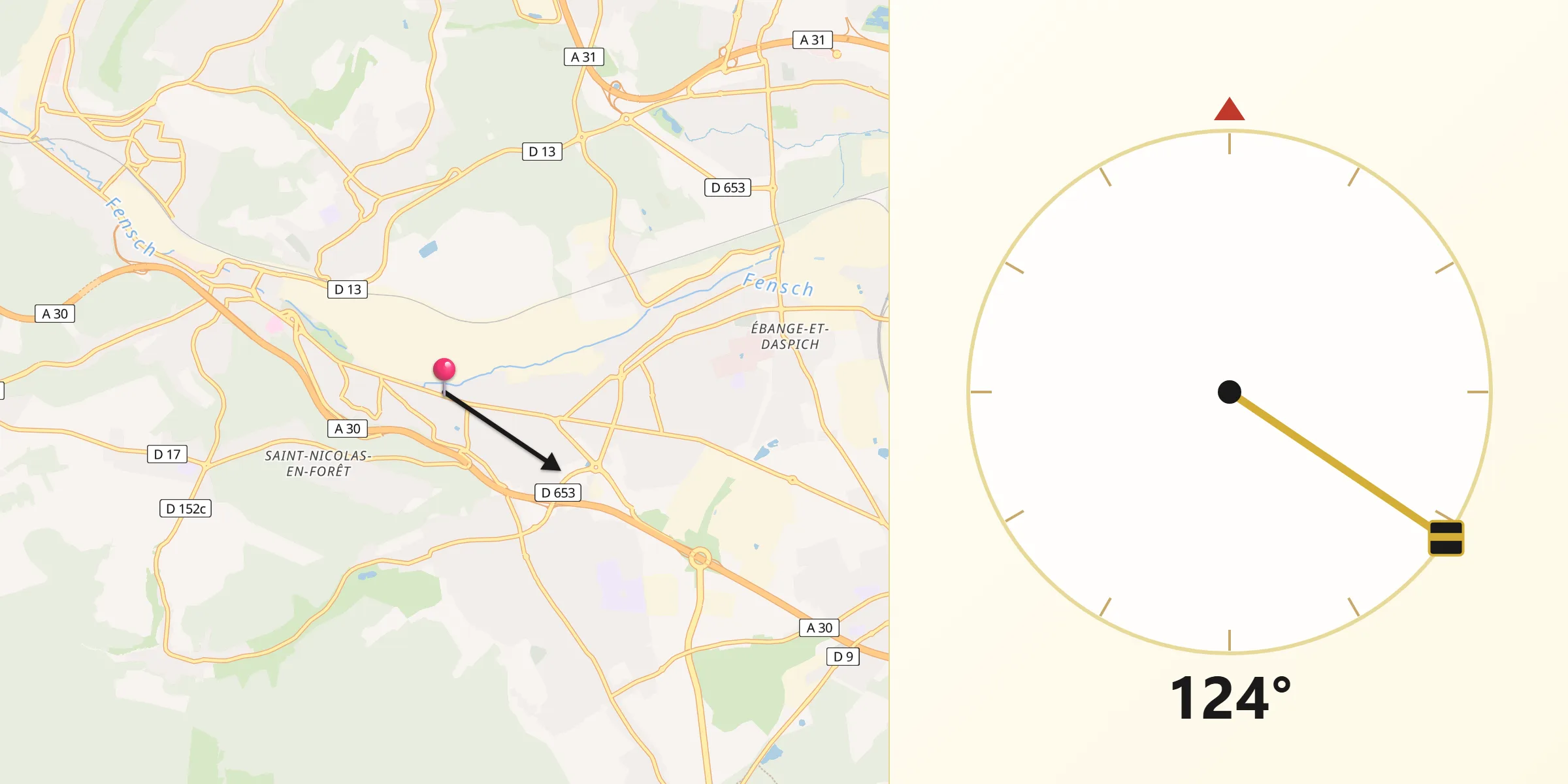 Direction vers la Qibla depuis Serémange-Erzange