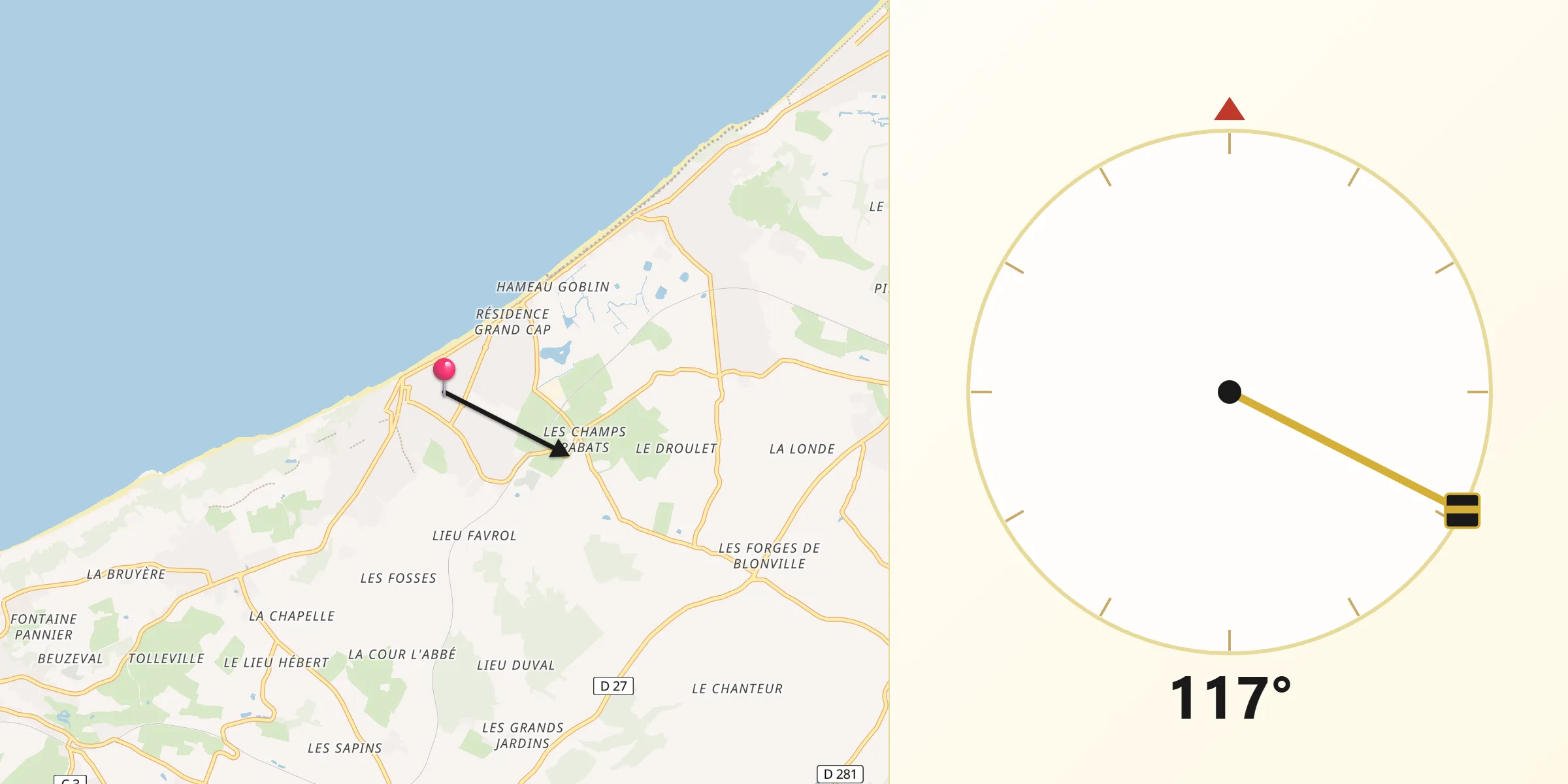 Direction vers la Qibla depuis Villers-sur-Mer