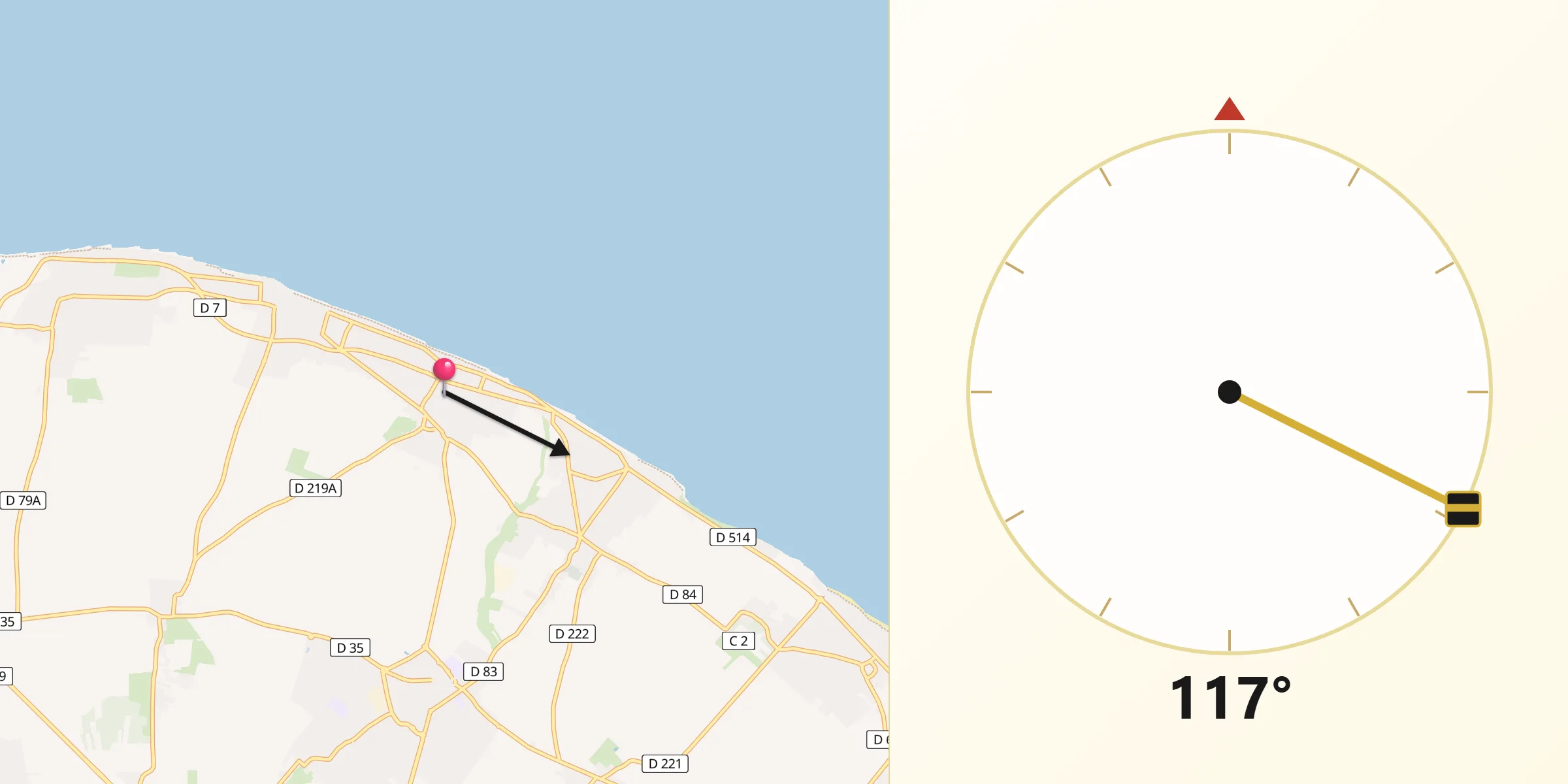 Direction vers la Qibla depuis Langrune-sur-Mer