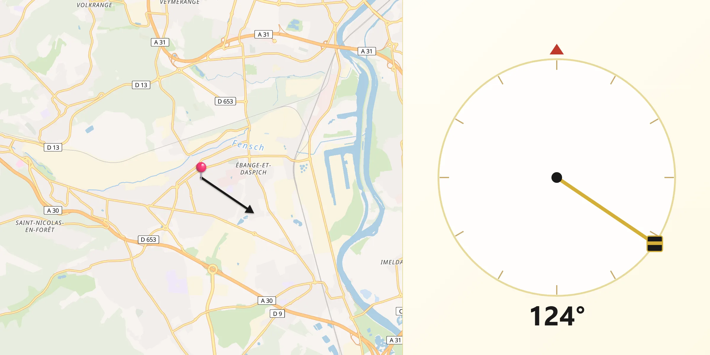 Direction vers la Qibla depuis Florange