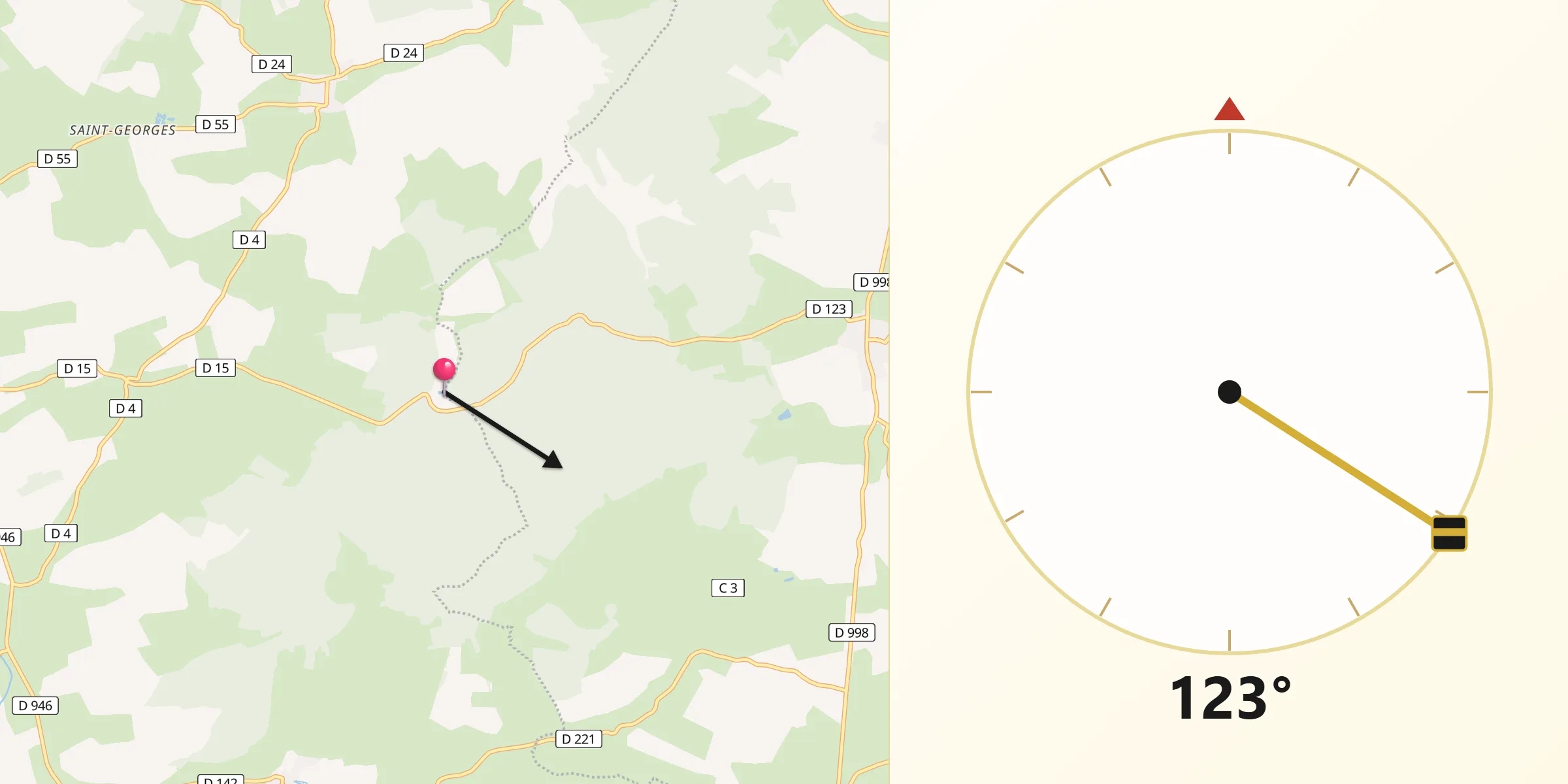 Direction vers la Qibla depuis Romagne-sous-Montfaucon
