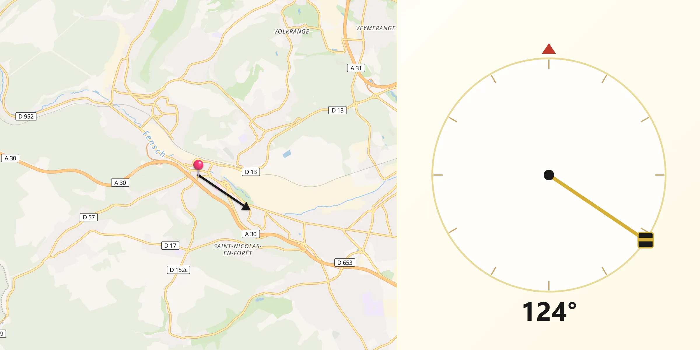 Direction vers la Qibla depuis Hayange