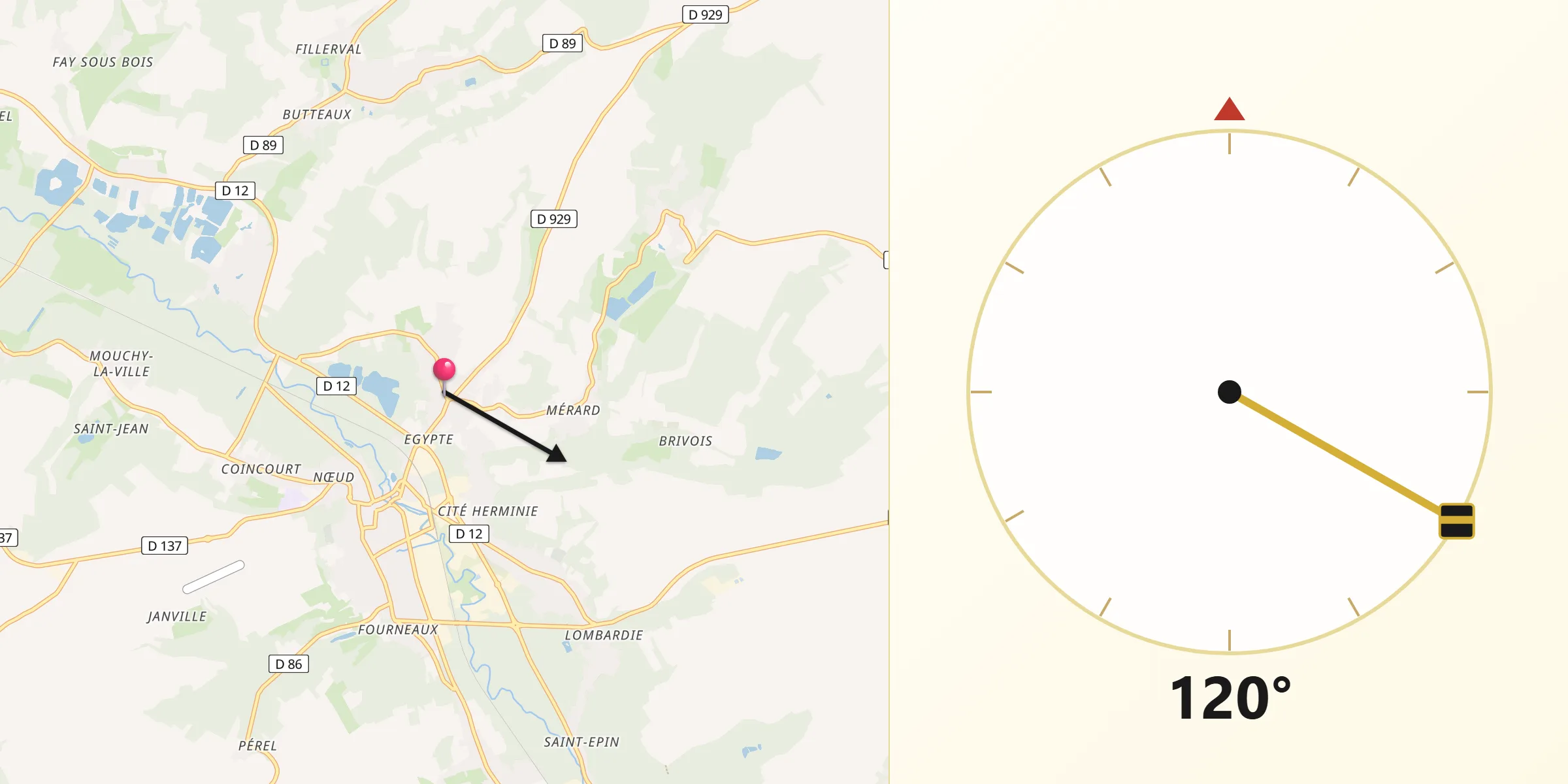 Direction vers la Qibla depuis Angy