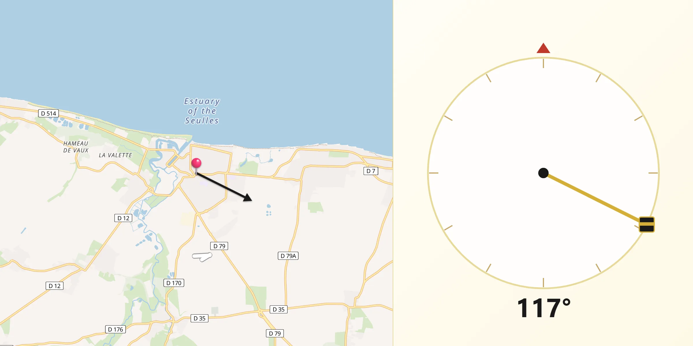Direction vers la Qibla depuis Courseulles-sur-Mer