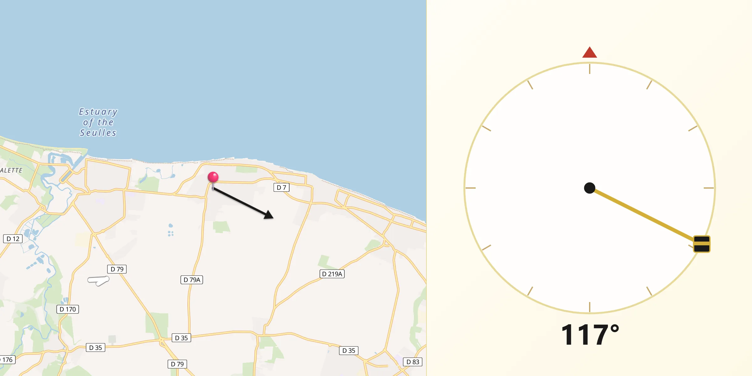 Direction vers la Qibla depuis Bernières-sur-Mer